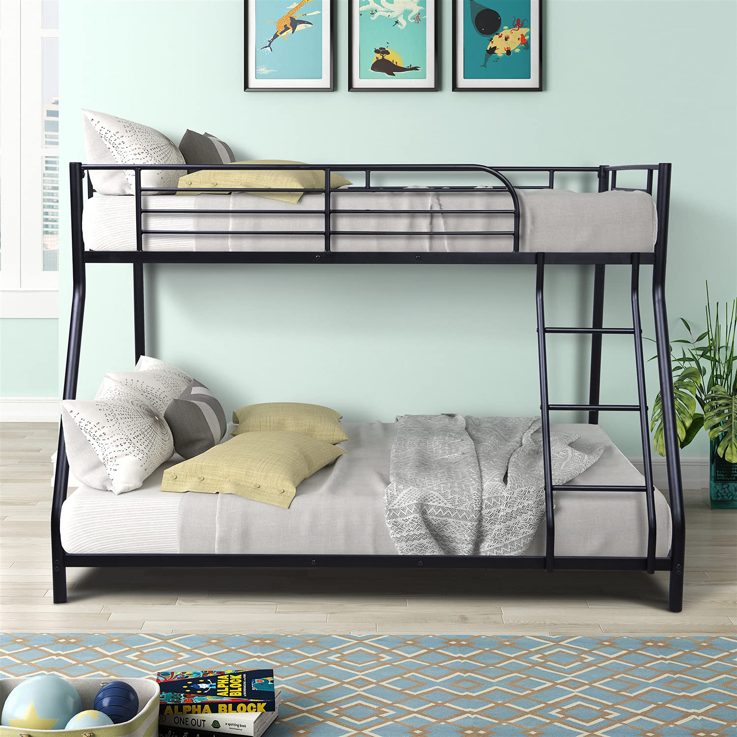 Harper & Bright Designs Twin Over Full Metal Bunk Bed - Heavy Duty Steel Frame with Safety Guard Rails & Ladder - Space Saving Kids Bedroom Furniture for Small Rooms, Dorm, or Guest Room - Black