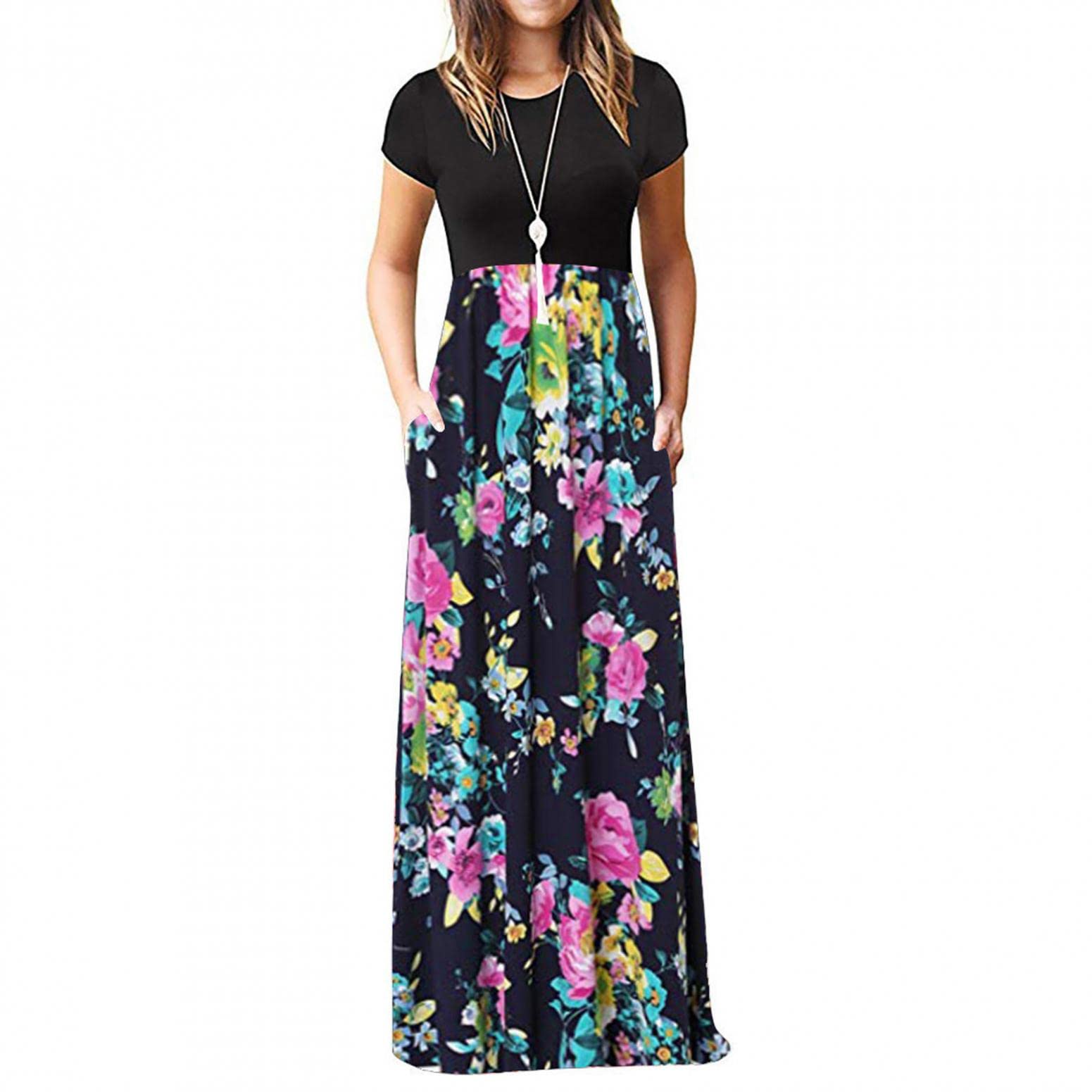Floral Print Maxi Dress for Women - Long Sleeve & Short Sleeve Summer Dresses with Pockets, O-Neck Ruffle Design in Pink | Perfect for Beach Vacations, Date Nights & Casual Outings
