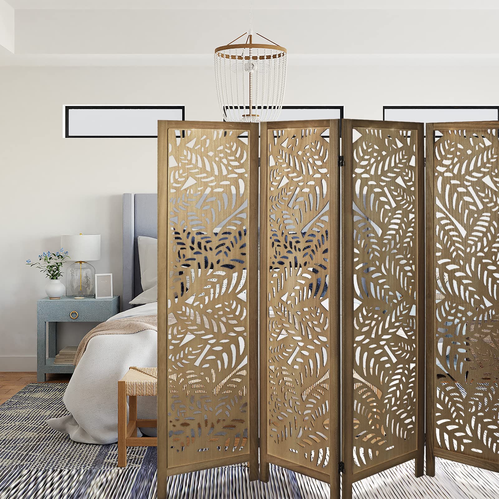 Babion 4-Panel Wooden Room Divider Screen - 5.6ft Tall Folding Partition with Exquisite Carvings - Modern Brown Bedroom Divider for Privacy & Space Separation | Perfect for Studios, Apartments, Offices & Home Decor