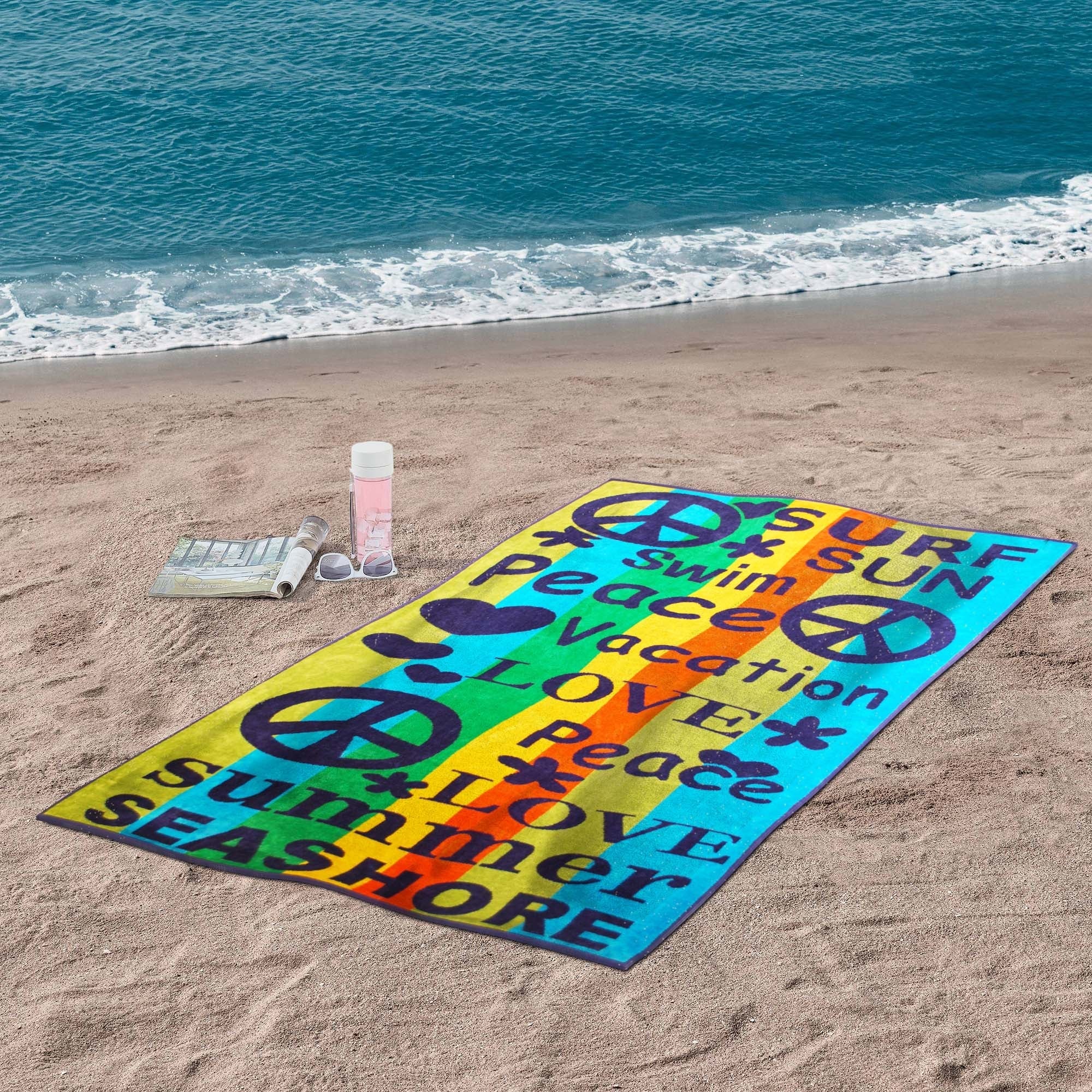 Peace Love Oversized Cotton 2 Piece Beach Towel Set - Soft Absorbent Quick Dry Bath Towels for Pool, Beach, Yoga & Gym - Perfect for Summer Vacation & Outdoor Activities