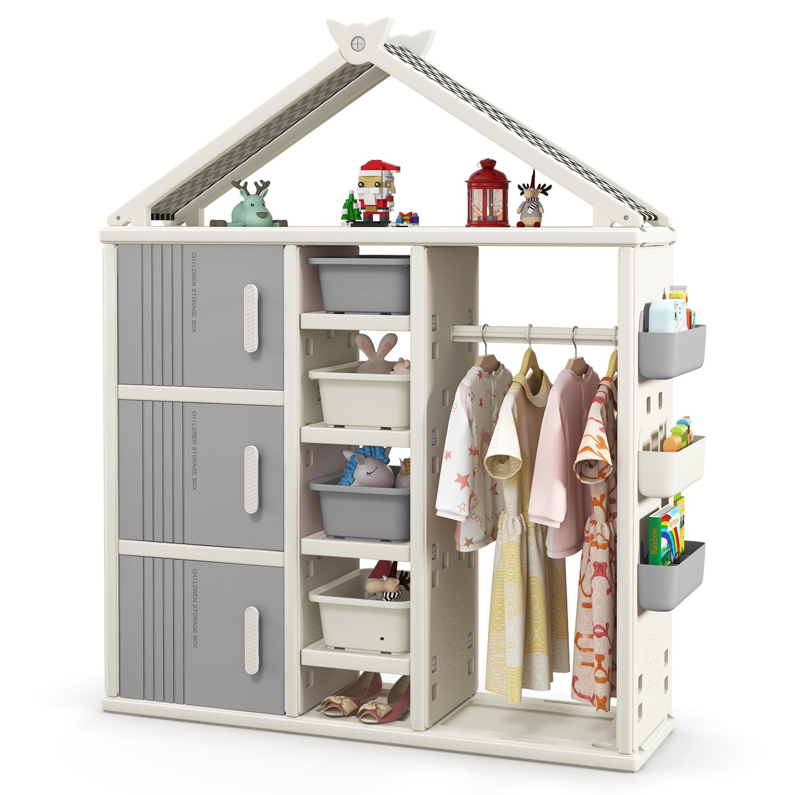 Costzon Kids Dress Up Storage Closet - Hanging Armoire with Bins, Shelves & Baskets, Grey Wardrobe for Girls Bedroom | Perfect for Organizing Costumes, Toys & Clothes in Playroom or Nursery