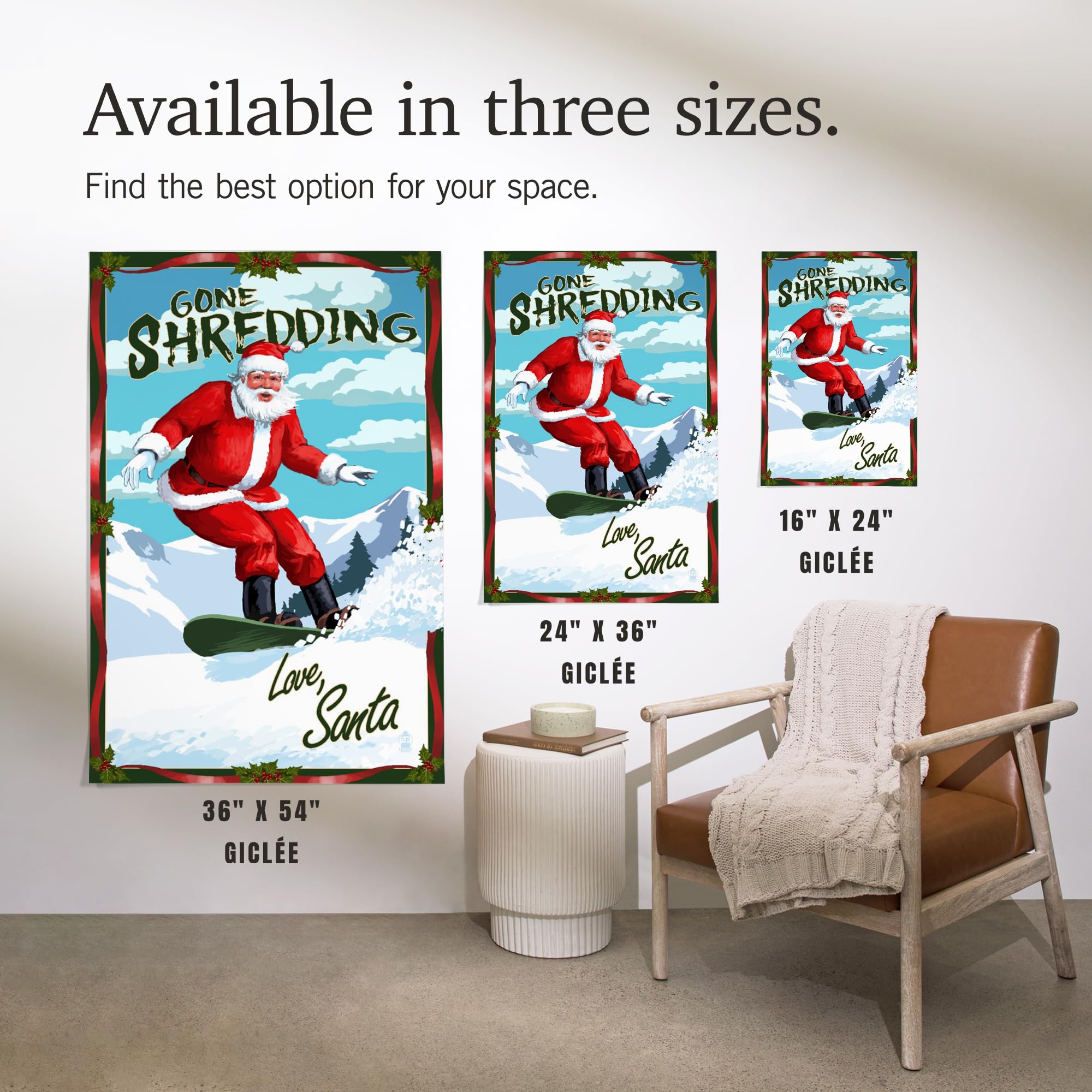 Santa Snowboarding - 16x24 Giclee Gallery Art Print, Vivid Textured Wall Decor for Living Room, Bedroom & Office | Unique Christmas Holiday Home Decoration