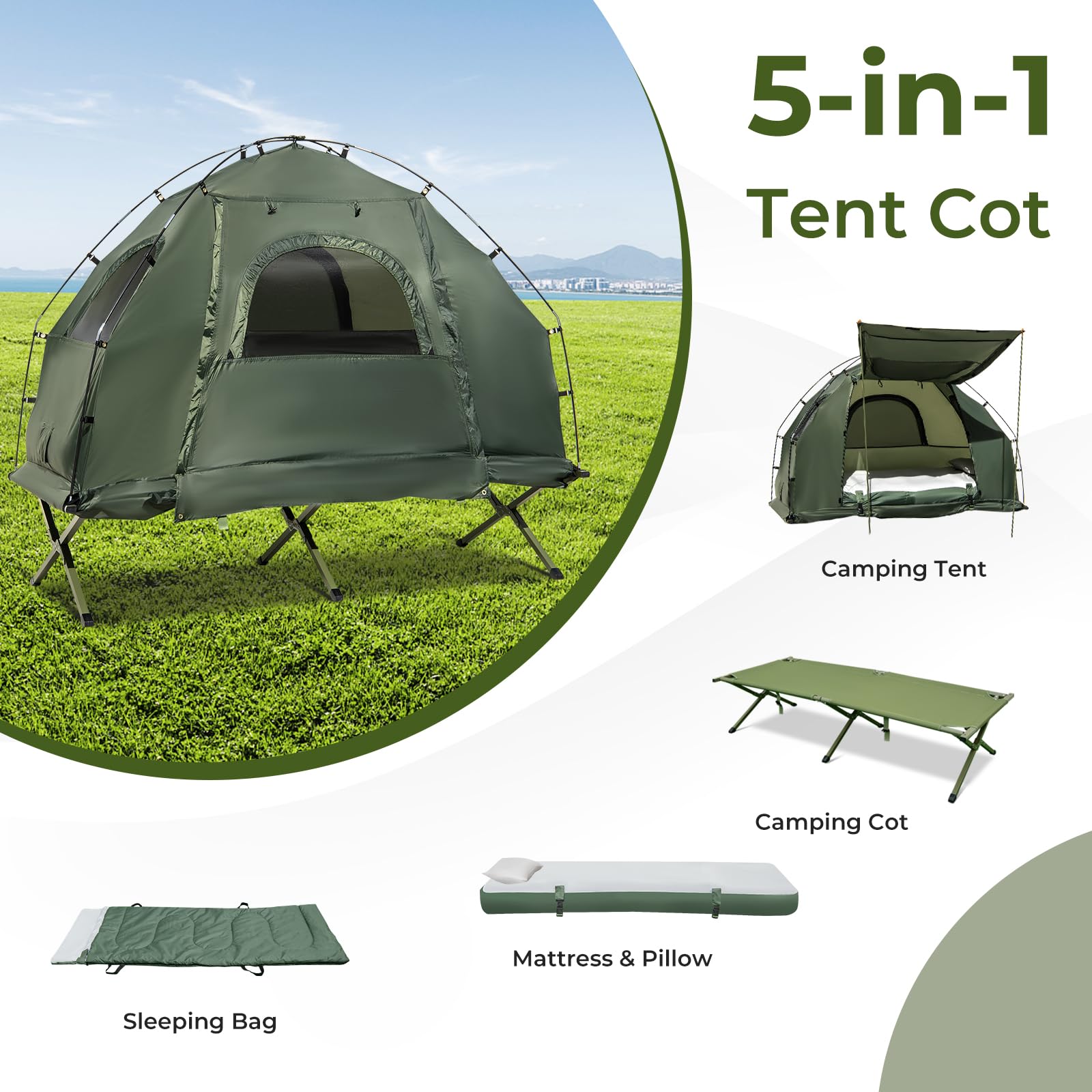 GYMAX 5-in-1 Tent Cot with Mattress & Pillows - Portable Folding Camping Bed with Sunshade, Sleeping Bags & Carrying Bag - Perfect for Outdoor Adventures, Hiking, Fishing, Picnics & Backyard Camping