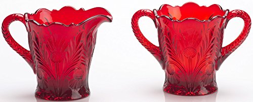 Vintage Red Mosser Glass Creamer & Sugar Bowl Set - Handmade in USA - Inverted Thistle Design - Perfect for Coffee, Tea, and Dessert Table Decor