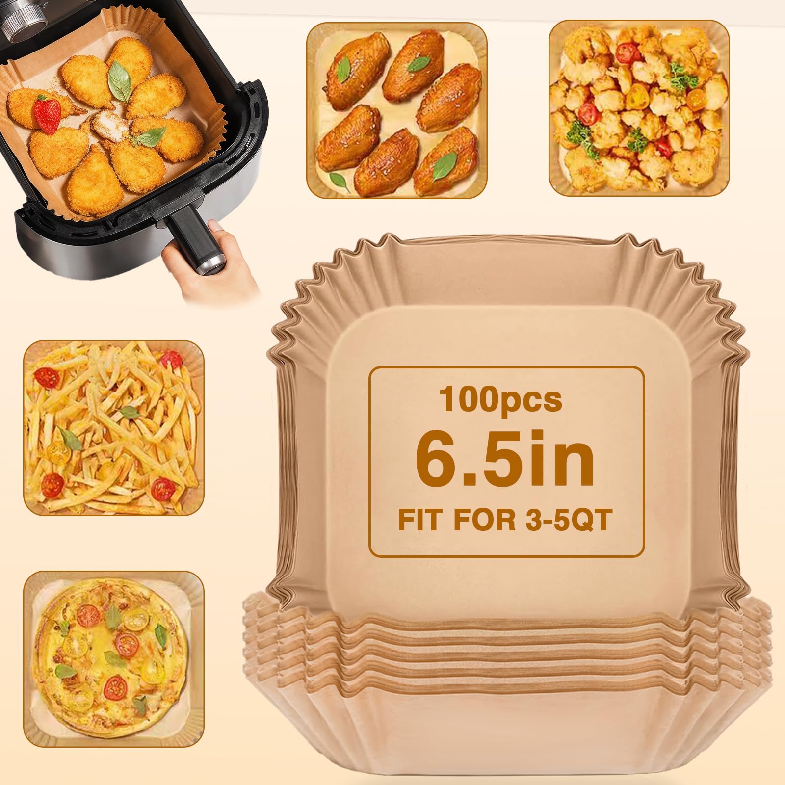 100pcs Disposable Square Air Fryer Liners - Nonstick Parchment Paper for 2-5 Qt Air Fryers, Baking, Roasting & Microwave Safe (6.5 Inch) | Perfect for Quick Meals, Healthy Cooking & Easy Cleanup