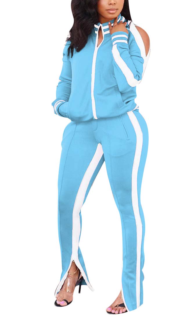 Aro Lora Women's Casual Striped Two Piece Outfits - Long Sleeve Tracksuit Jumpsuit with Side Slit | Perfect for Workout, Lounge Wear & Street Fashion