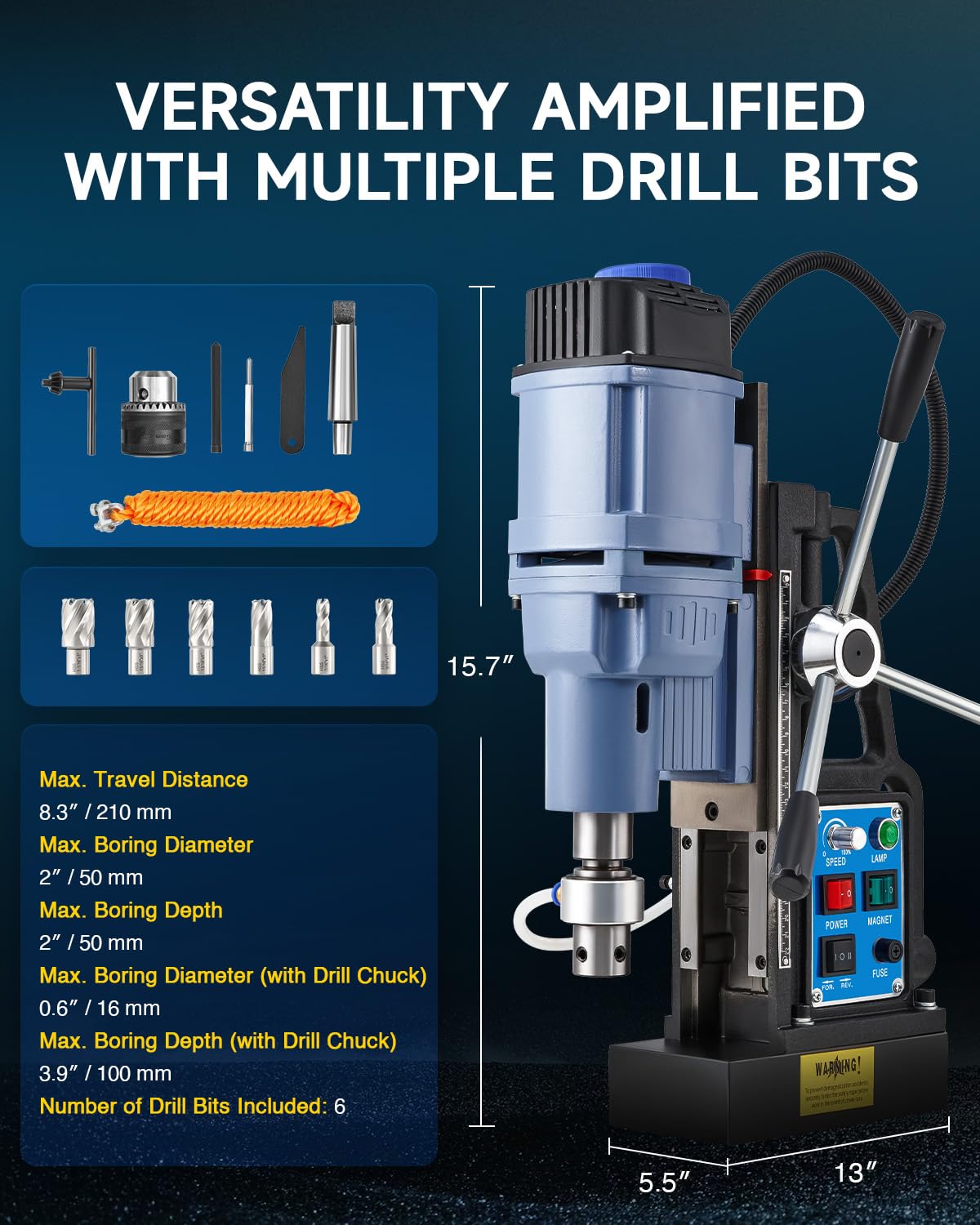 ZELCAN 1550W Magnetic Drill Press with 6 Drill Bits - 2