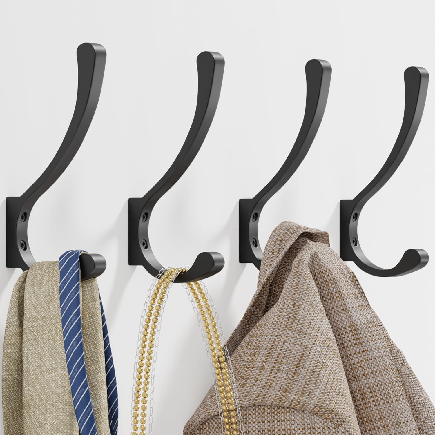 4 Pack Heavy Duty Wall Hooks - Black Metal Coat Hangers for Wall Mounting, Screw-In Hooks for Coats, Backpacks, Bags & Purses - Perfect for Entryway, Closet, Bathroom & Garage Organization