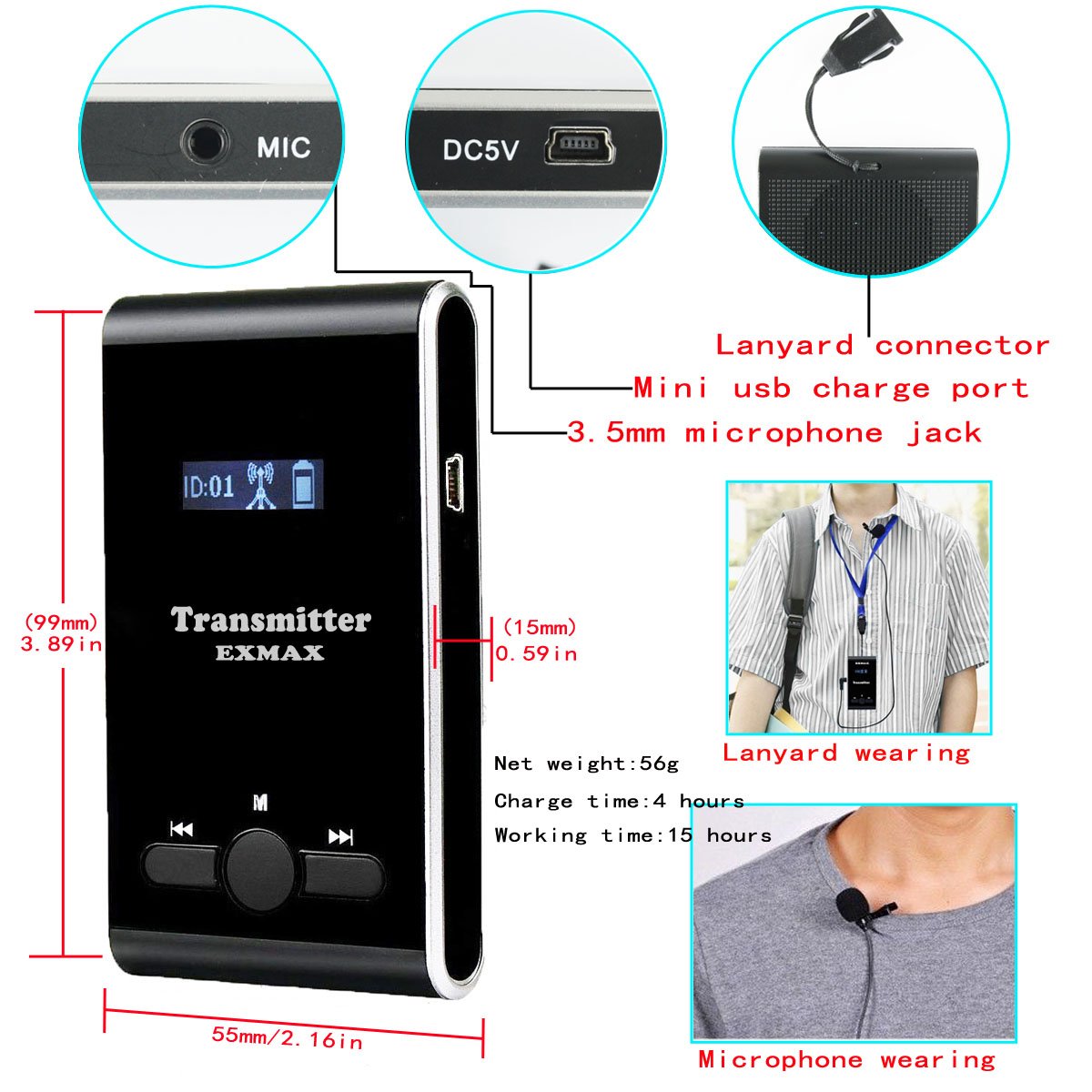 EXMAX EX-100 Wireless Tour Guide System - 1 Transmitter & 15 Receivers with Microphone & Headset for Church, Teaching, Conference, Travel Interpretation - Perfect for Simultaneous Translation, Silent Events & Group Tours