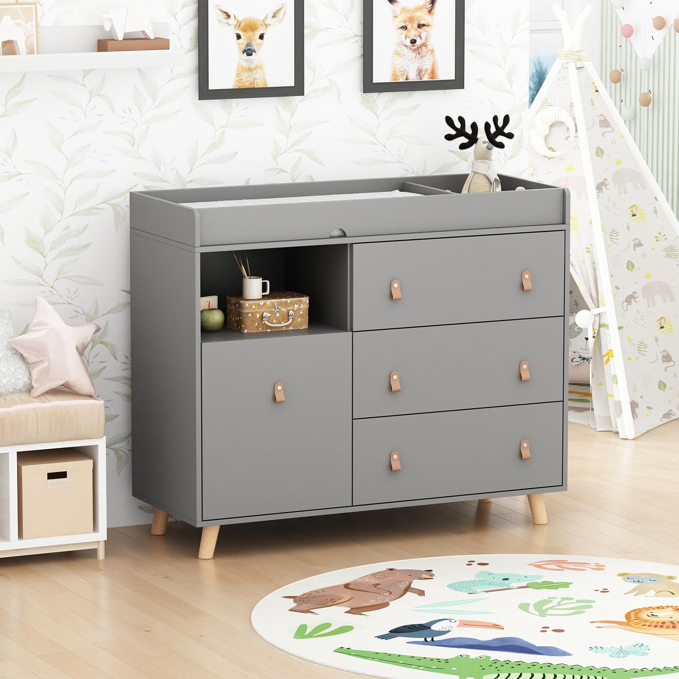 2-in-1 Baby Dresser Changing Table with Drawers & Hidden Laundry Basket - Nursery Storage Organizer for Diapers, Clothes & Baby Essentials - Perfect for Daycare, Bedroom & Nursery (Grey)
