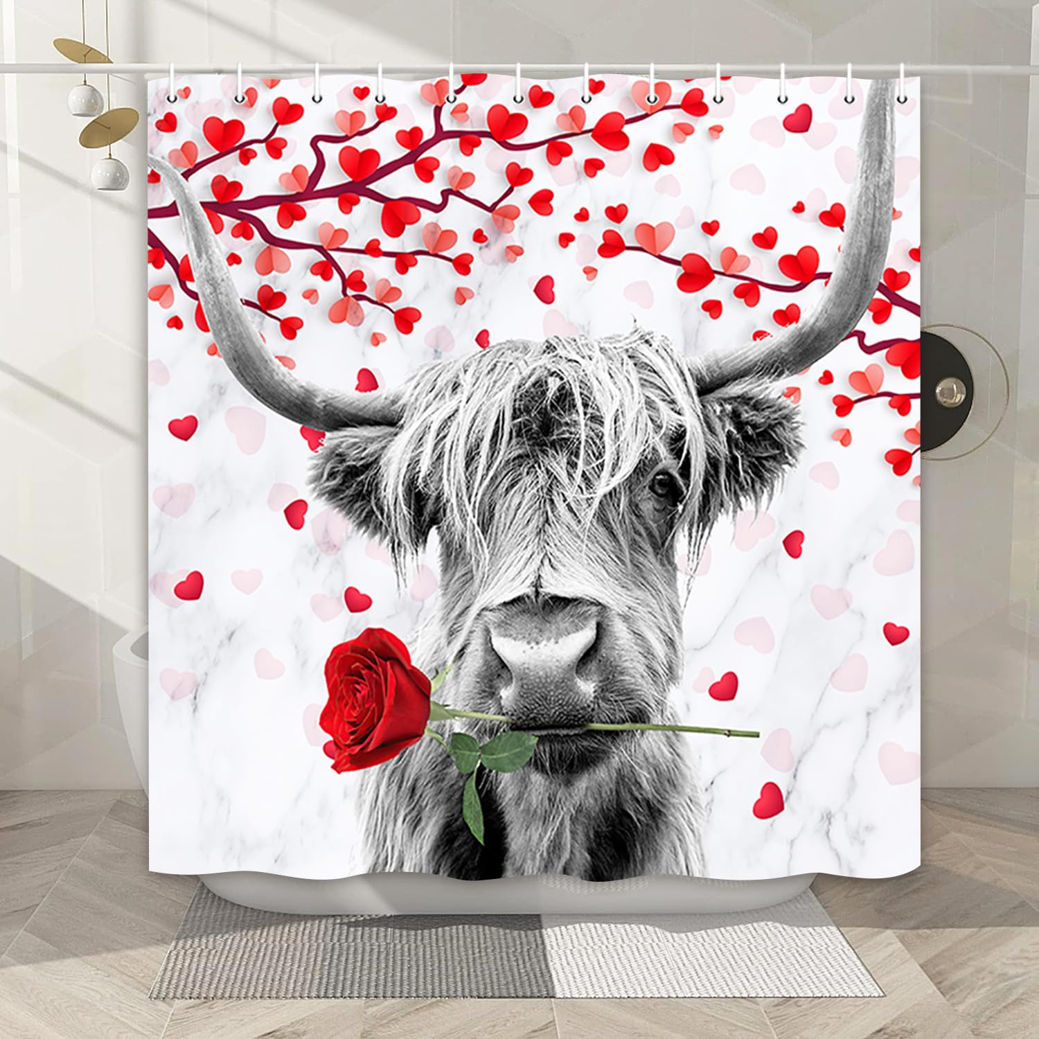 Funny Highland Cow Valentine's Day Shower Curtain - Farmhouse Western Rustic Bathroom Decor with Red Heart Tree Design, Includes Hooks (72x72 Inches) | Perfect for Farmhouse Bathrooms, Valentine's Gifts & Country-Themed Home Decor