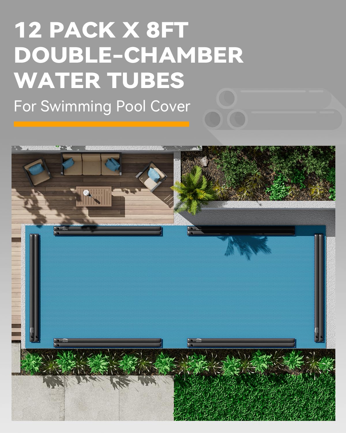 12 Pack 8FT Double Chamber Pool Water Bags - Heavy Duty 28 Gauge (0.42mm) Black Water Weights for Pool Cover - Perfect for Inground & Above Ground Swimming Pools, Winter Pool Protection & Wind Resistance
