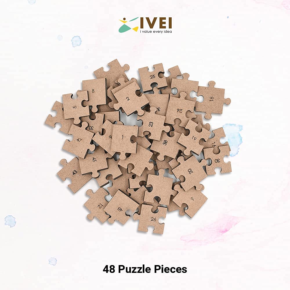 IVEI DIY Wooden Puzzle Pieces - 48 Pack MDF Cutouts for Painting, Decoupage, Resin Art, Scrapbooking, Home Decor, Kids Crafts & School Projects