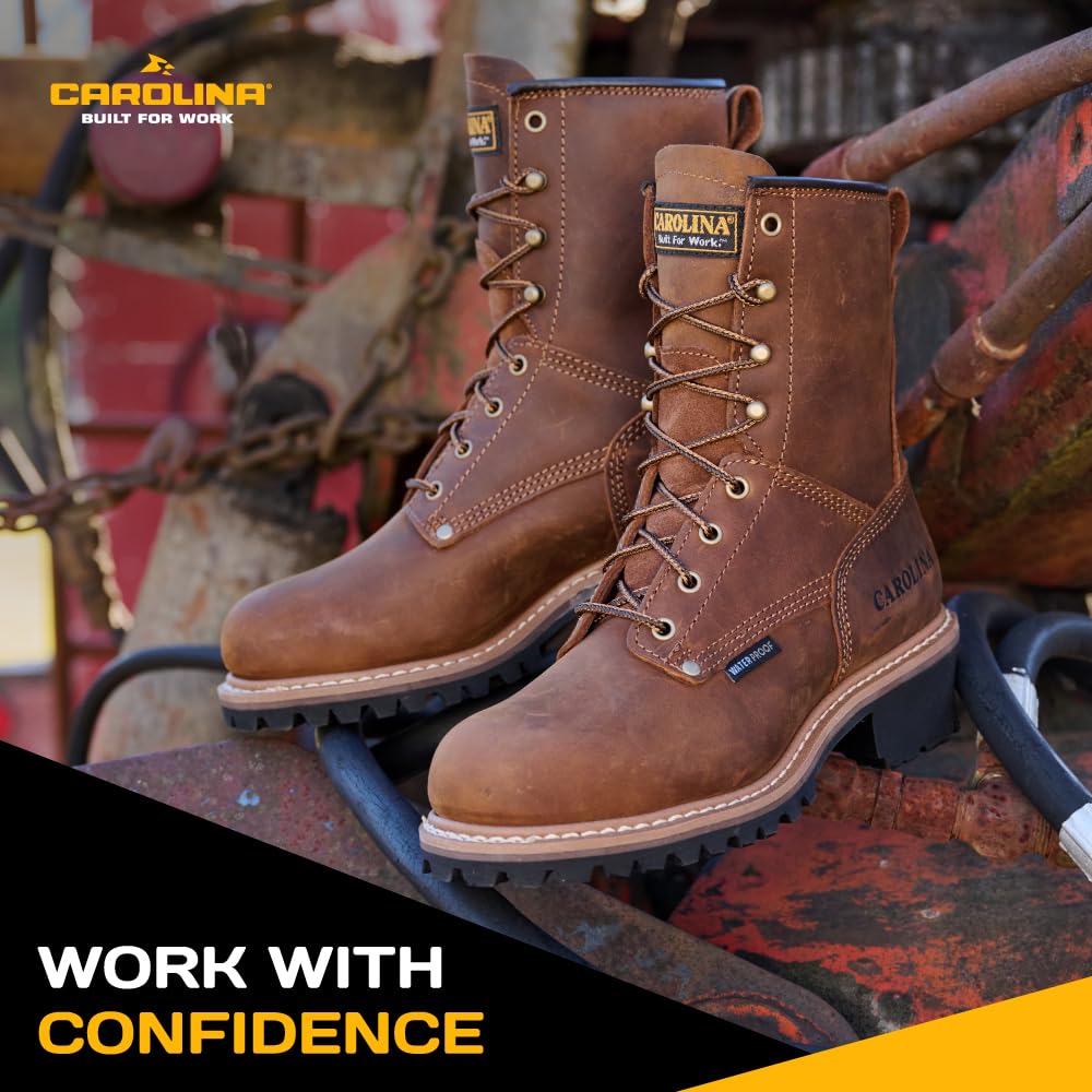 Carolina Elm 8 Inch Logger Steel Toe Work Boots for Men - Crazy Horse Leather Upper, Comfortable Pillow Cushion Footbed, Oil & Slip Resistant EH-Rated Outsole - Ideal for Construction, Logging & Heavy Duty Work