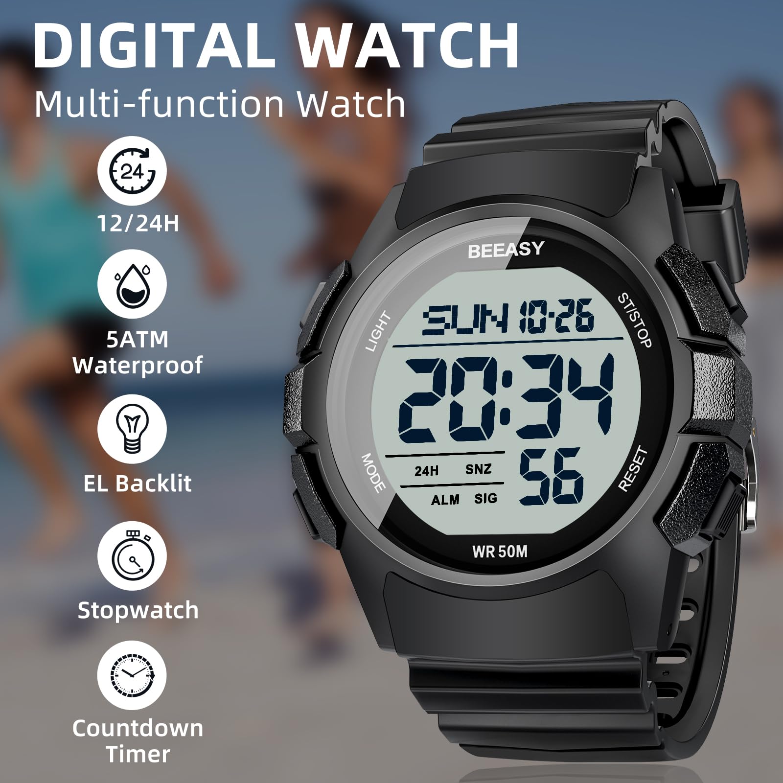 Beeasy Men's Digital Sports Watch - Waterproof, Stopwatch, Countdown Timer, Alarm, Dual Time - Durable Rubber Strap Wristwatch for Men & Students - Perfect for Running, Gym Workouts & Outdoor Activities