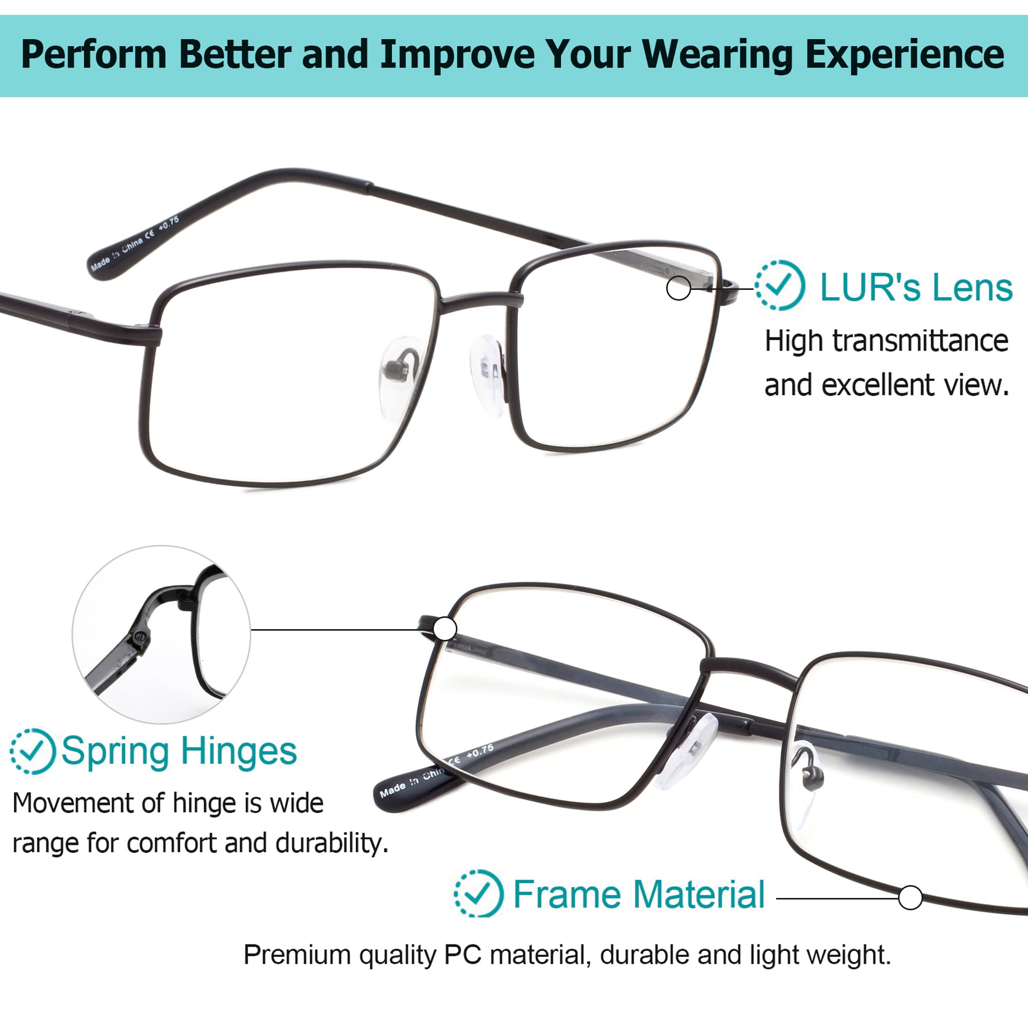 Premium LUR Reading Glasses 3-Pack - Stylish Metal Frame Readers for Men & Women - Perfect for Reading, Working & Computer Use
