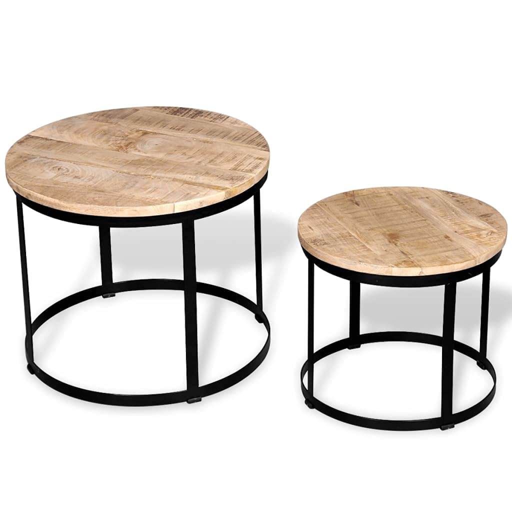 Solid Wood Coffee Table Set with Sturdy Metal Frame - Rough Mango Wood Round Coffee Tables (15.7