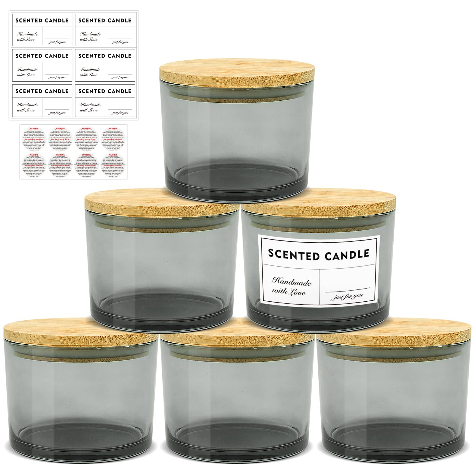 16oz 3 Wick Candle Jars 6 Pack - Large Empty Gray Glass Candle Making Containers with Bamboo Lids, DIY Candle Supplies Kit with Stickers & Labels - Dishwasher Safe - Perfect for Home Decor, Wedding Favors & Gift Packaging