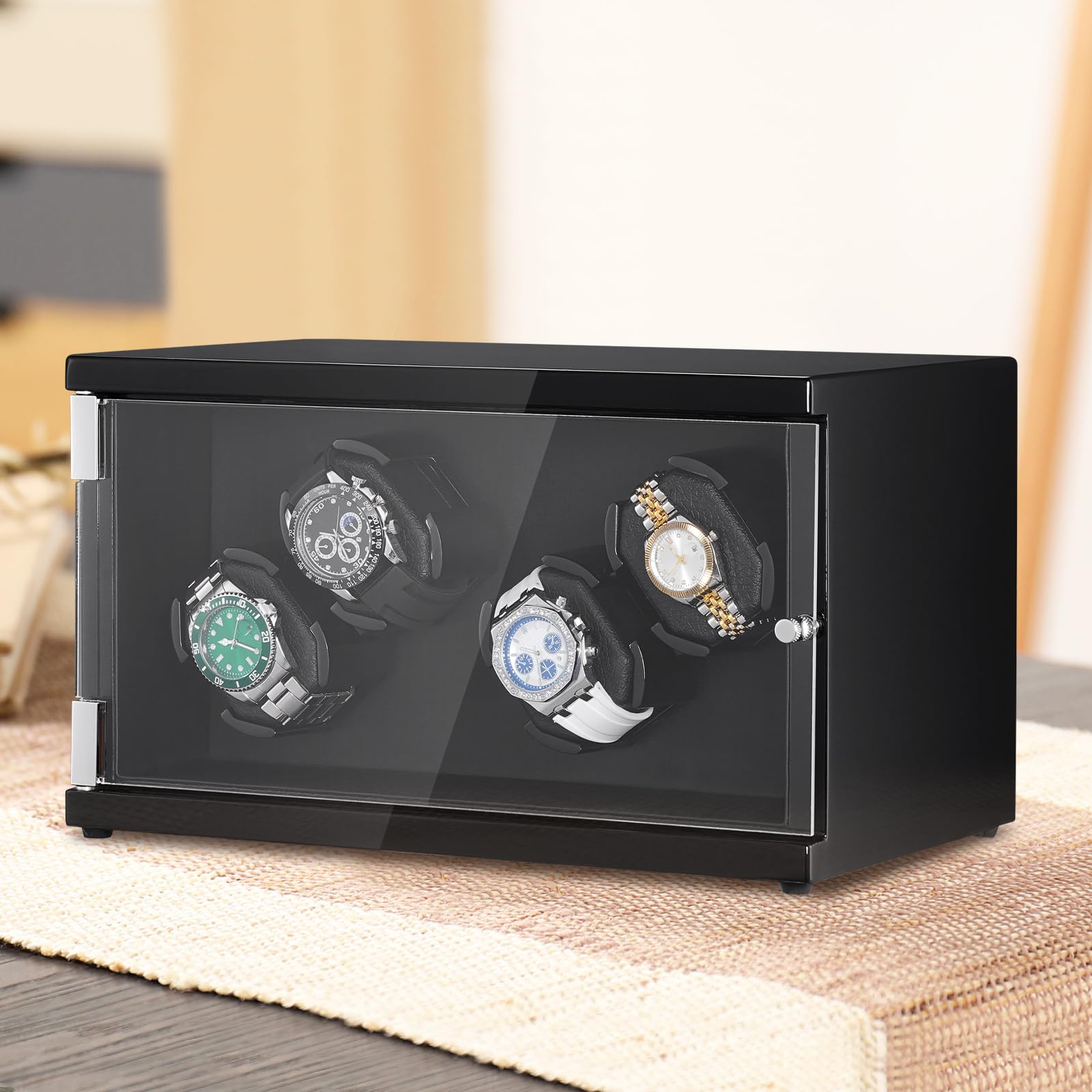 VEVOR 4 Watch Winder Box - Silent Japanese Motor, LED Light, Adjustable Rotation Speed & Direction for Automatic Watches | Perfect for Rolex, Omega, Breitling Storage & Display | Luxury Watch Care Solution for Home & Office