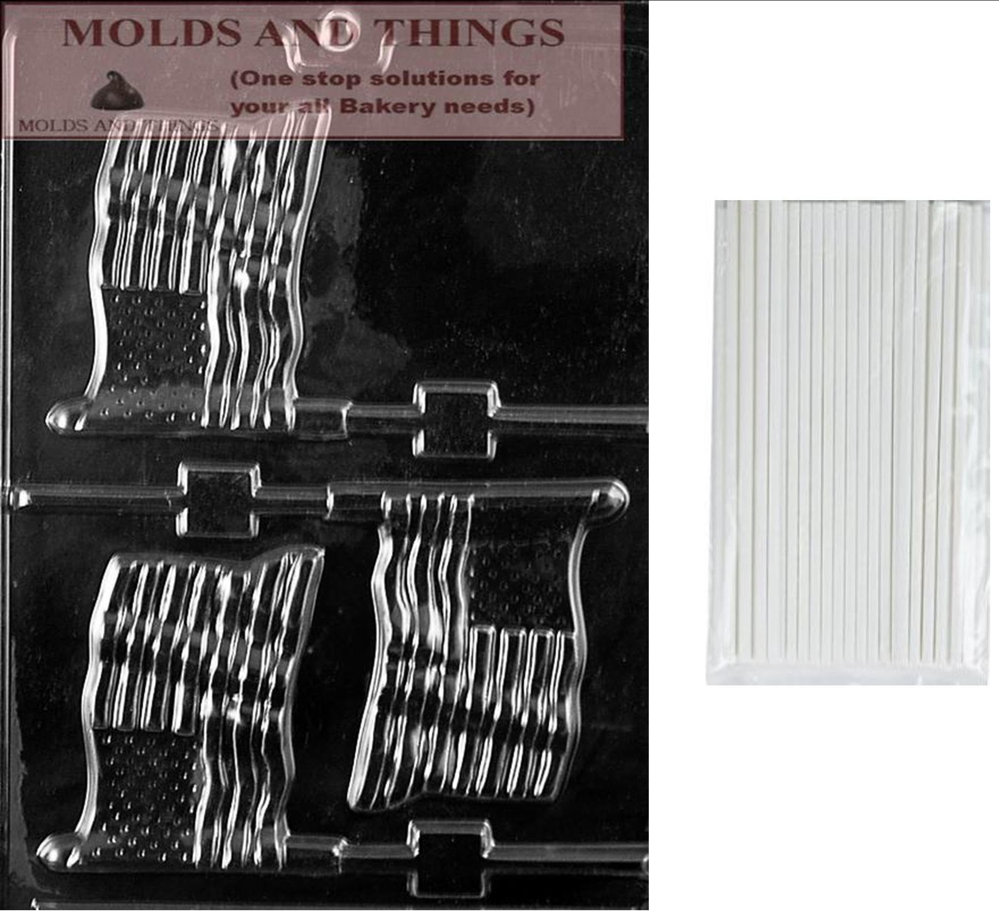 4th of July American Flag Chocolate Candy Mold - Patriotic Lollipop & Chocolate Maker with 50 Sticks & Molding Guide - Perfect for Independence Day Treats, Party Favors & DIY Desserts