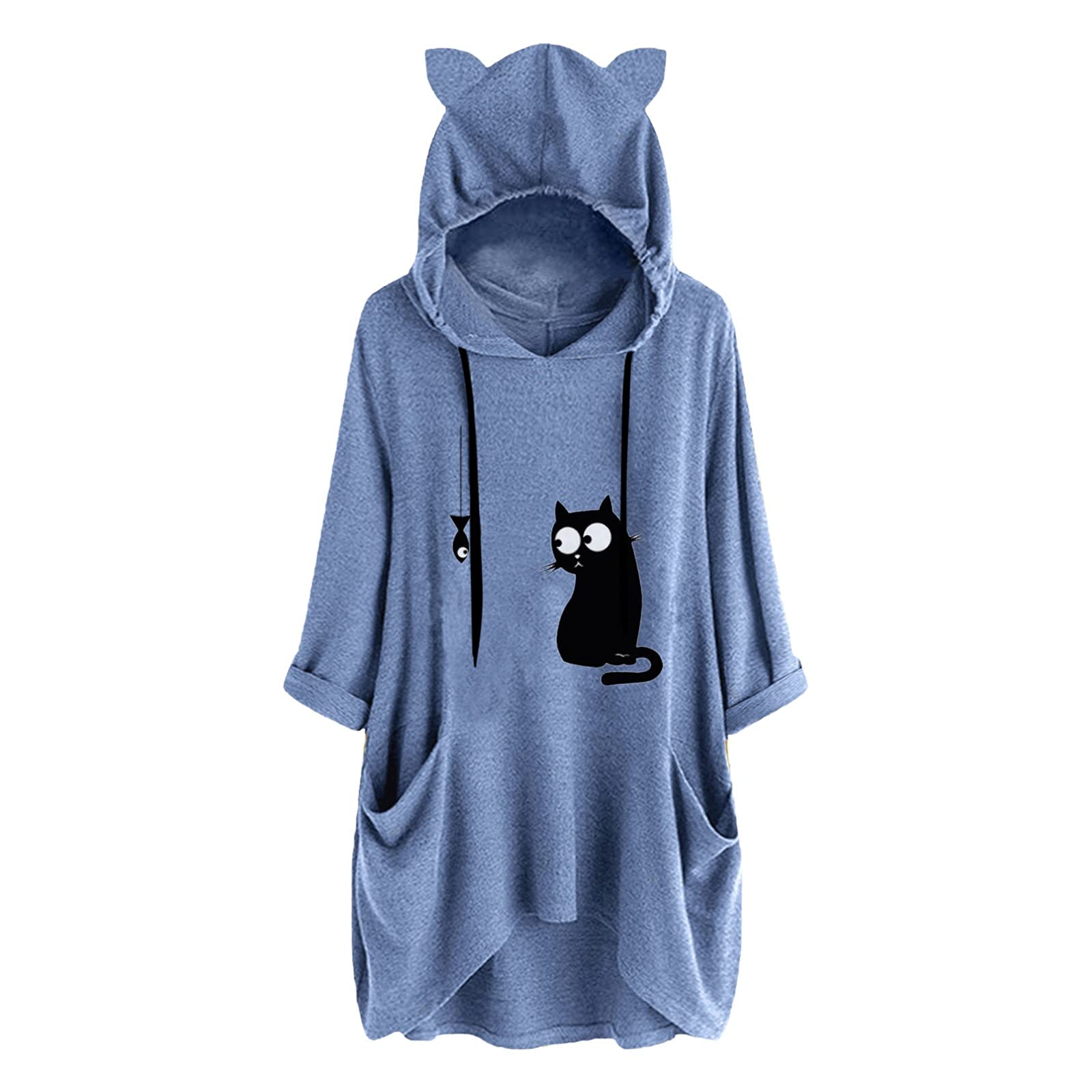 Women's Cute Cat & Fish Print Hooded Pullover Sweatshirt - Big Size Long Sleeve Hoodie with Pockets & Cat Ears - Cozy Winter Fashion for Casual Wear, Street Style & Loungewear