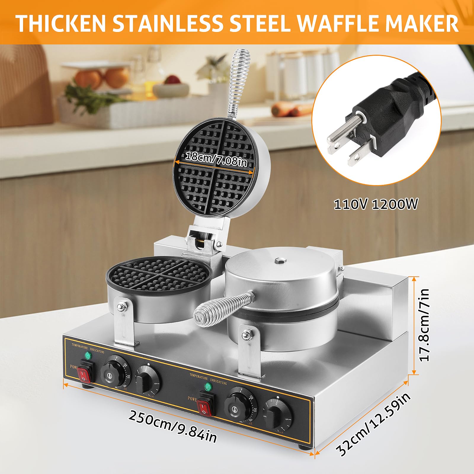 Professional Double Head Waffle Maker Machine 2400W - Commercial Grade Non-Stick Round Waffle Iron 110V for Bakery, Restaurant, Snack Bar & Home Use - Perfect for Breakfast, Brunch & Dessert Making