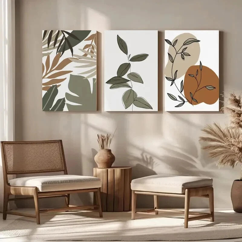 3-Piece Abstract Botanical Green Metal Wall Art Prints - Ready to Hang Home Decor for Living Room, Bedroom & Office
