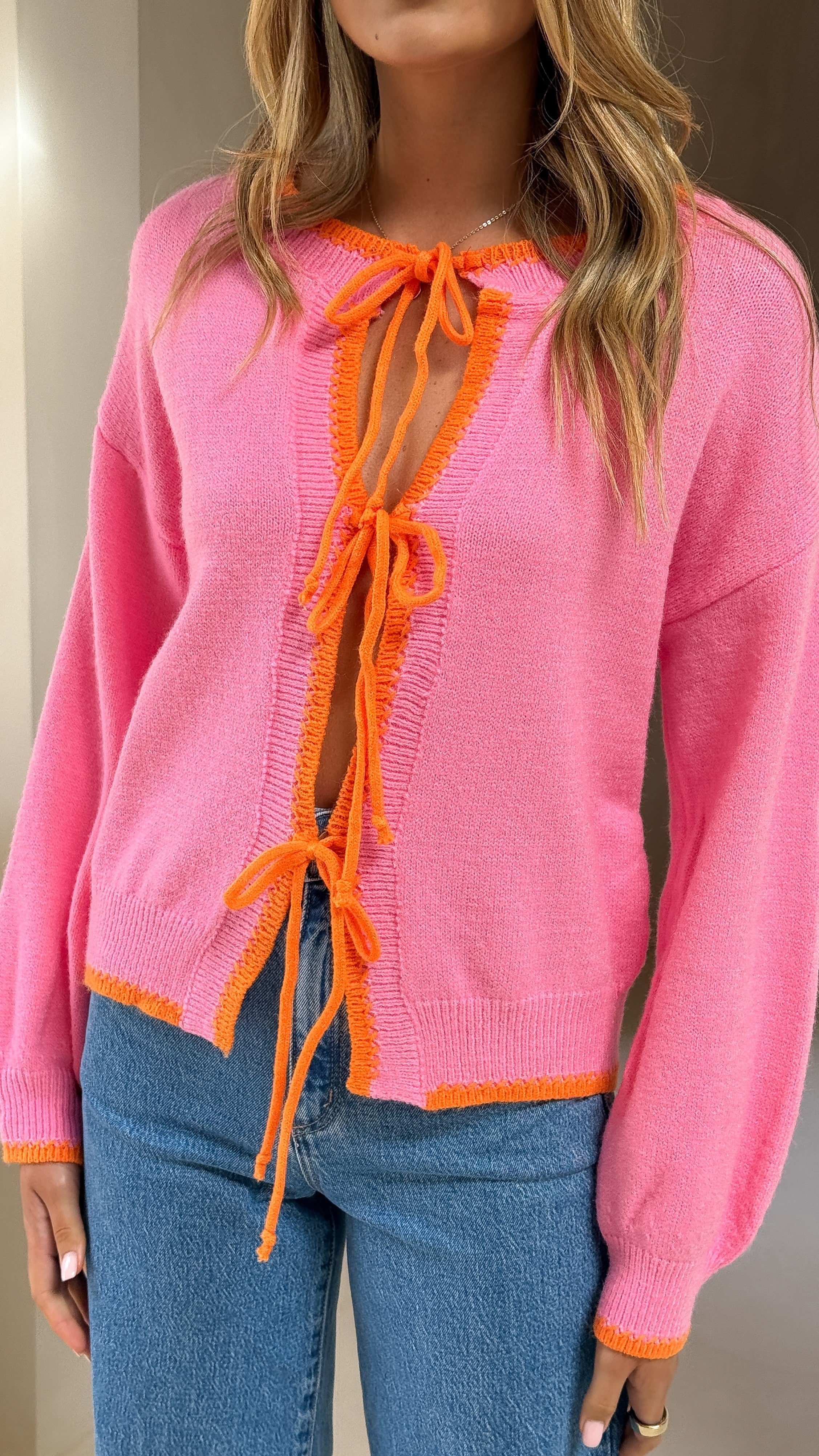 Hazina Tie Long Sleeve Knit Top for Women - Soft Stretchy Casual Blouse in Pink & Orange - Perfect for Office, Date Night and Fall Layering