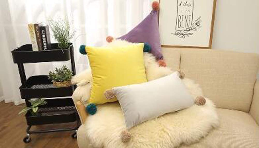 Decorative Waist Lumbar Throw Pillow - Square/Rectangle/Triangle Pom-pons Cushion Cover with Insert for Sofa, Bed & Home Decor (Yellow, 18x18 Inch) - Perfect for Living Room, Bedroom & Nursery Accents
