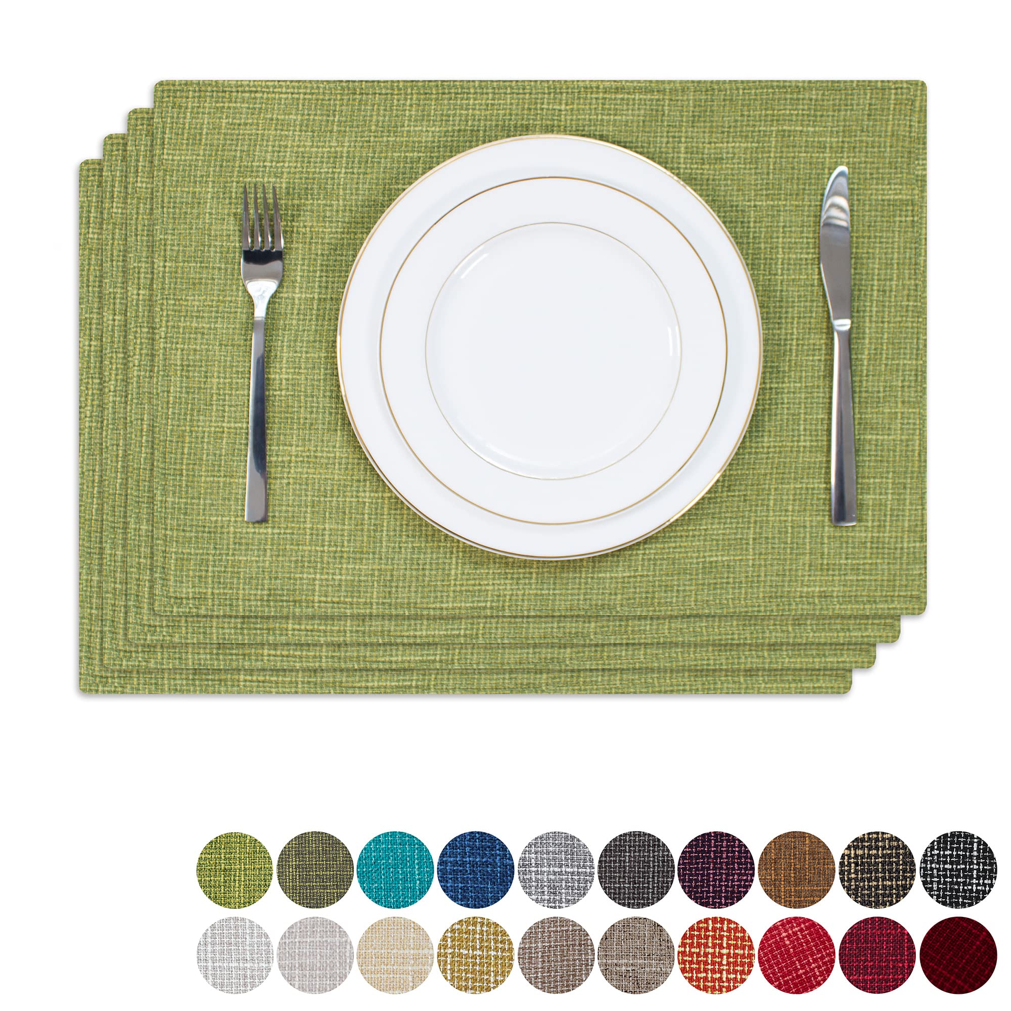 Kevin Textile 4-Pack Spring Burlap Linen Placemats - Heat Resistant 13x19 Inch Table Mats for Dining & Kitchen - Washable Eco-Friendly Place Settings in Linden Green - Perfect for Dinner Parties, Brunch & Everyday Use
