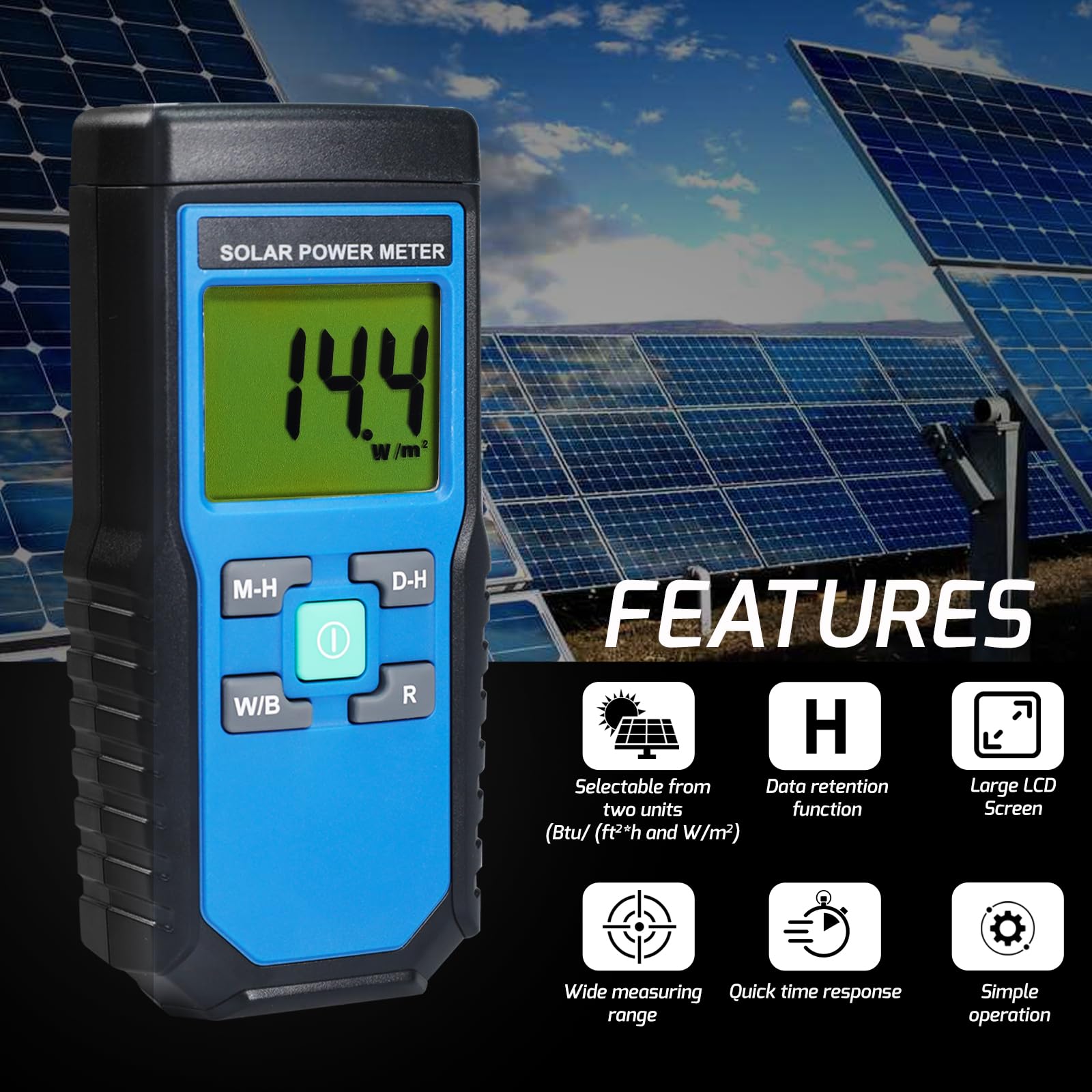 Digital Solar Power Meter - Handheld Portable BTU/W/m2 Tester for Solar Panel Efficiency, UV Index Measurement - Perfect for Home Solar Systems, Gardening, and Outdoor Activities