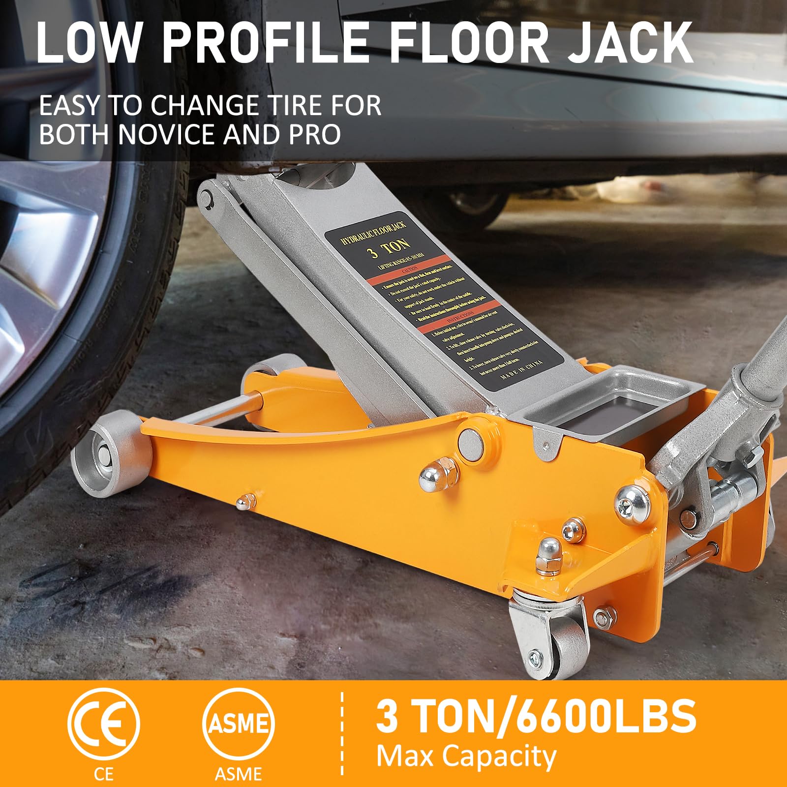 Acekool 3 Ton Low Profile Steel Hydraulic Floor Jack with Dual Pistons - Quick Lift 3.46