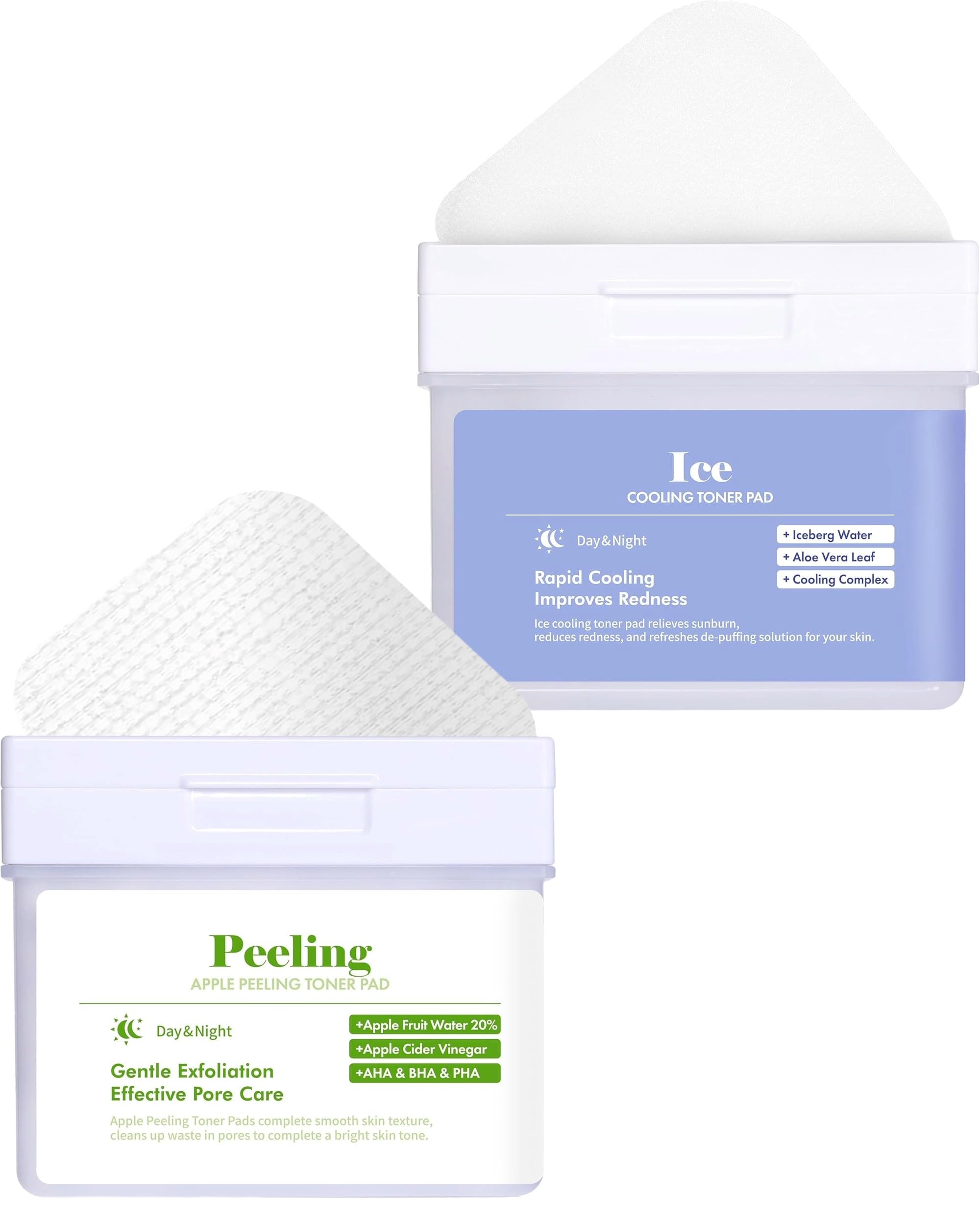Dermal Apple Peeling Toner Pads & Ice Cooling Toner Pads Bundle - Exfoliating & Soothing Facial Treatment for Glowing Skin - Perfect for Daily Skincare Routine & Post-Sun Care