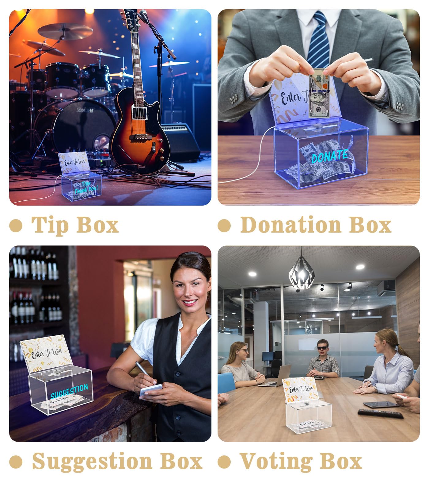 MoKo Lockable Raffle Box with Sign Holder & 100 Cards - Secure Ballot Box for Voting, Party Drawings & Fundraising Events - Includes Detachable Lighted Tip Jar for Bars, Restaurants & Charity Functions