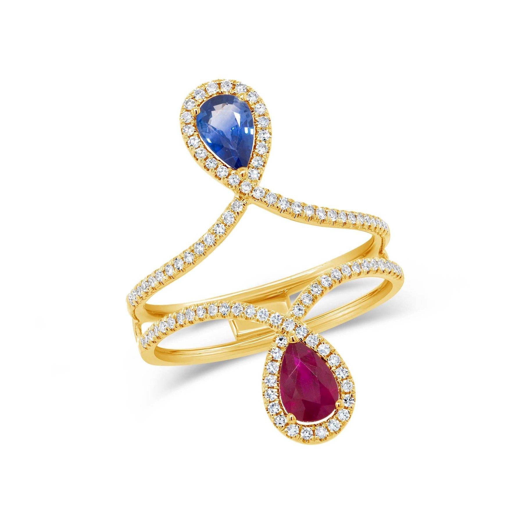 14K Gold 0.30 CTW Diamond & 0.99 CTW Ruby & Blue Sapphire Ring for Women - Elegant Wedding, Engagement, Anniversary Jewelry Gift