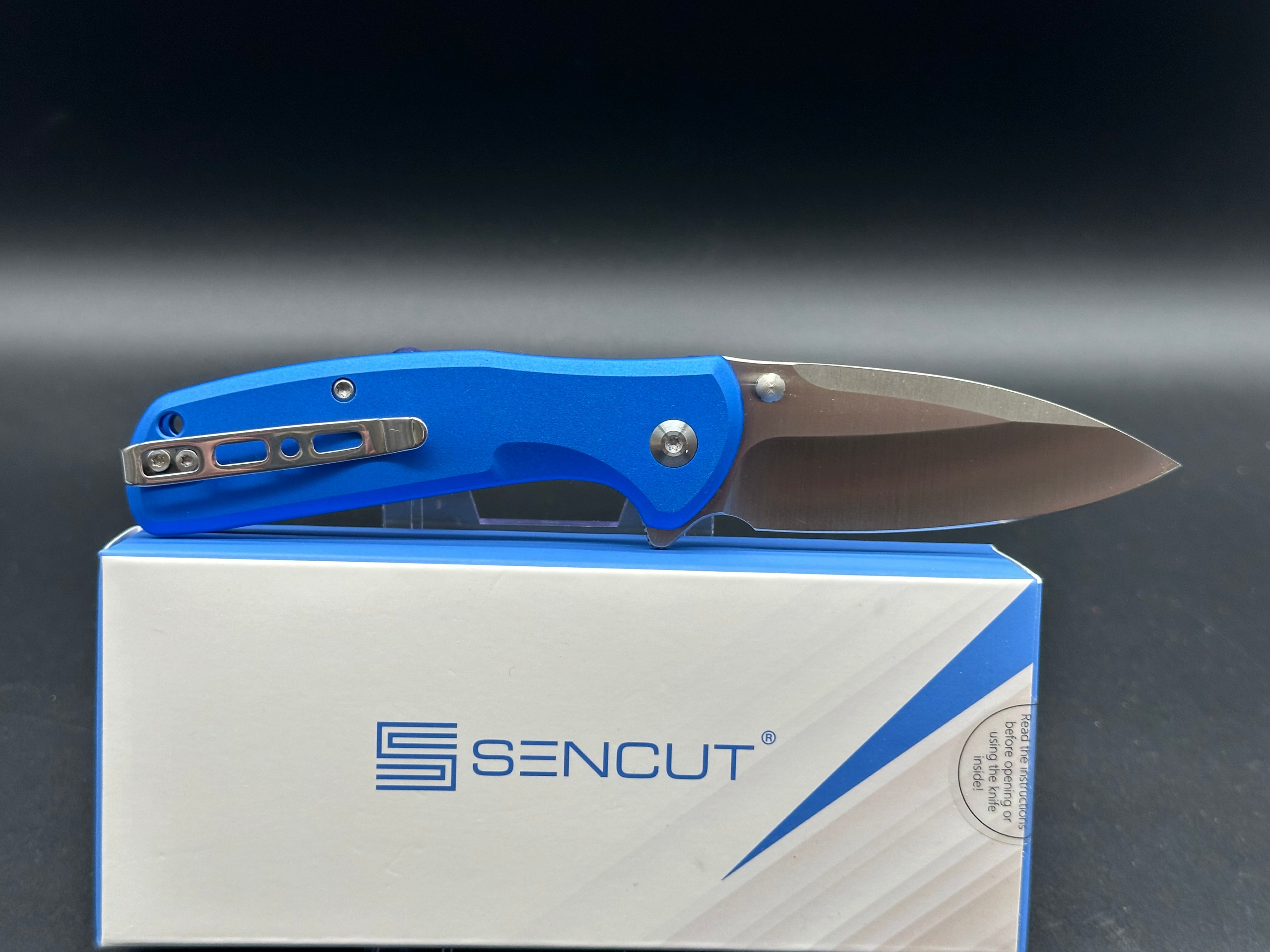 SENCUT ARCBLAST Folding Pocket Knife - Bright Blue Aluminum Handle, 9CR18MOV Stainless Steel Blade, Drop Point Design for Outdoor, Camping & EDC Use