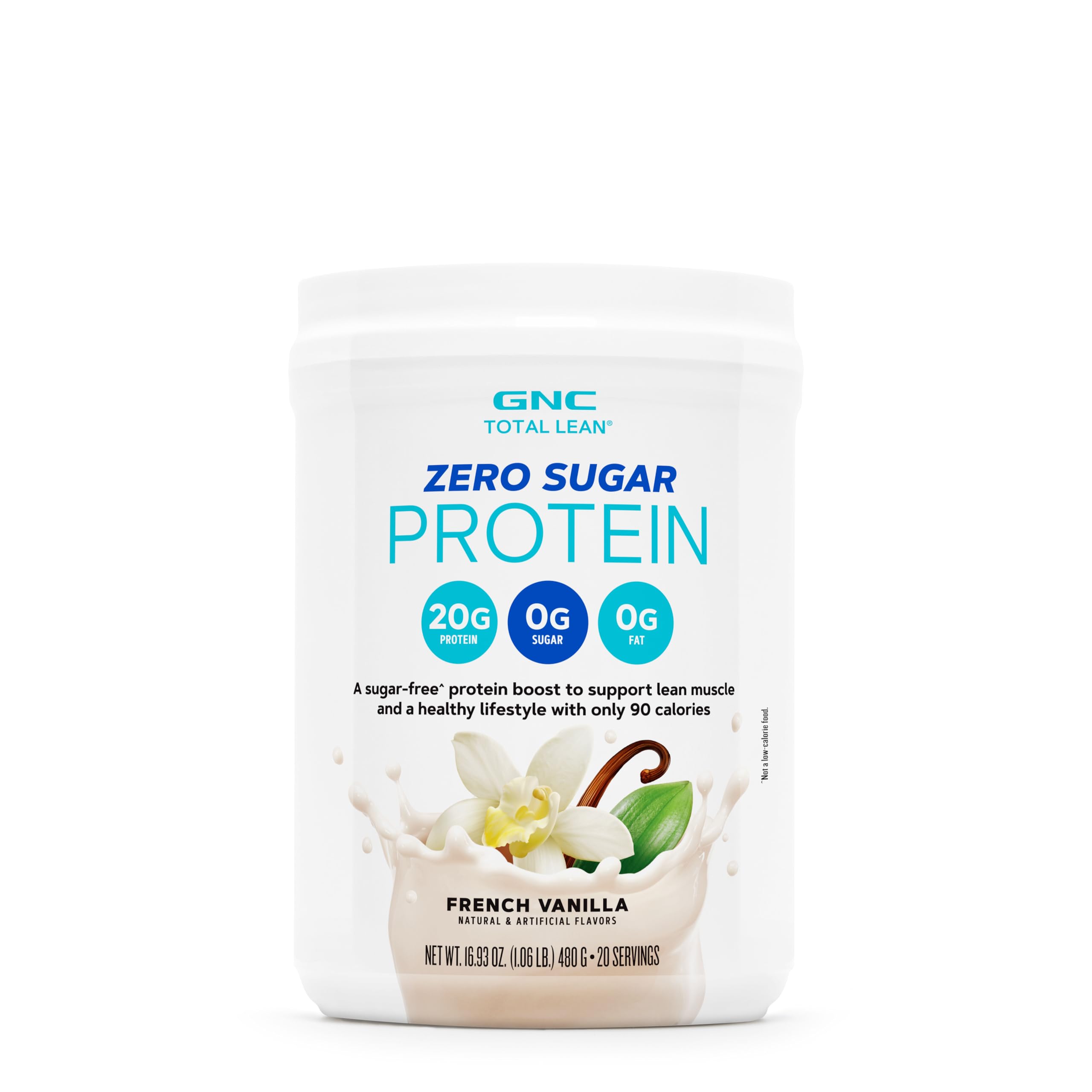 GNC Total Lean Zero Sugar Protein Powder - 20g Protein, No Sugar, No Fat, Only 90 Calories, French Vanilla Flavor, 20 Servings | Perfect for Post-Workout Recovery & Healthy Weight Management