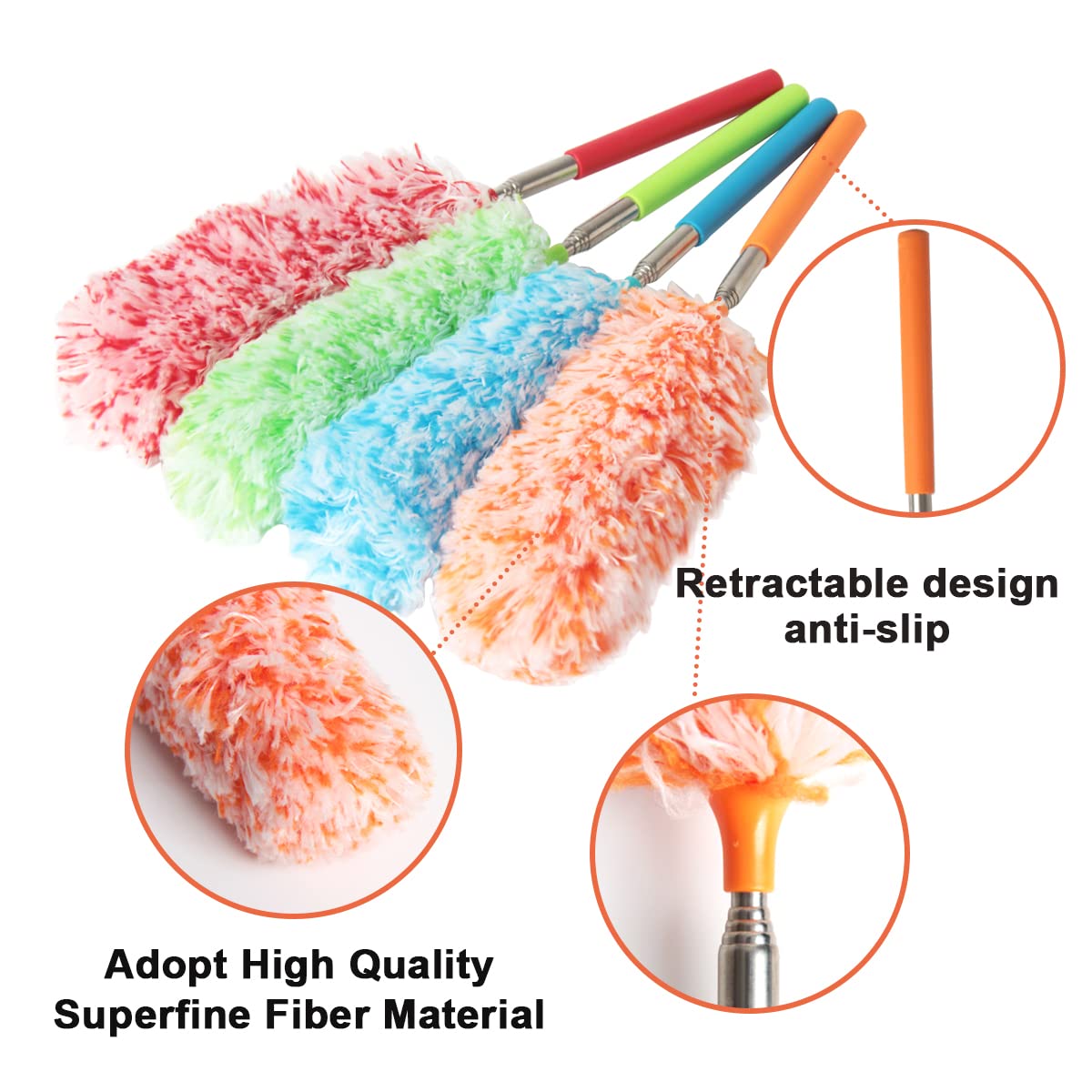 4-Pack Washable Microfiber Duster Set - Extendable Dusting Brush for Home, Office, Car, Computer & AC Cleaning | Reusable Cleaning Tool for Furniture, Electronics & Hard-to-Reach Areas