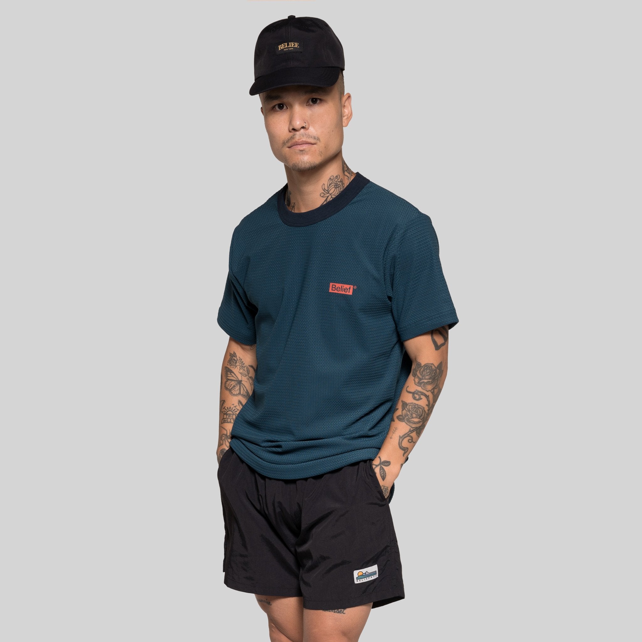 Belief NYC Box Logo Mesh Tee - Dark Teal | Stylish Streetwear T-Shirt for Men & Women | Perfect for Casual Wear, Outfits & Urban Fashion