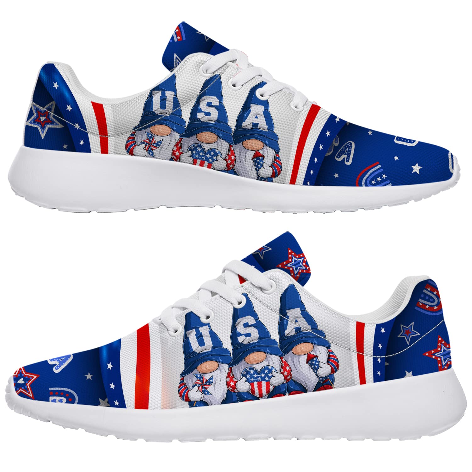Women's Men's Girls Tennis Shoes - Athletic Running Sneakers for 4th of July Patriotic Walking - Cute Gnome Design - US Size 10.5 Women/9 Men Dark Blue - Perfect for Jogging, Gym Workouts & Casual Wear