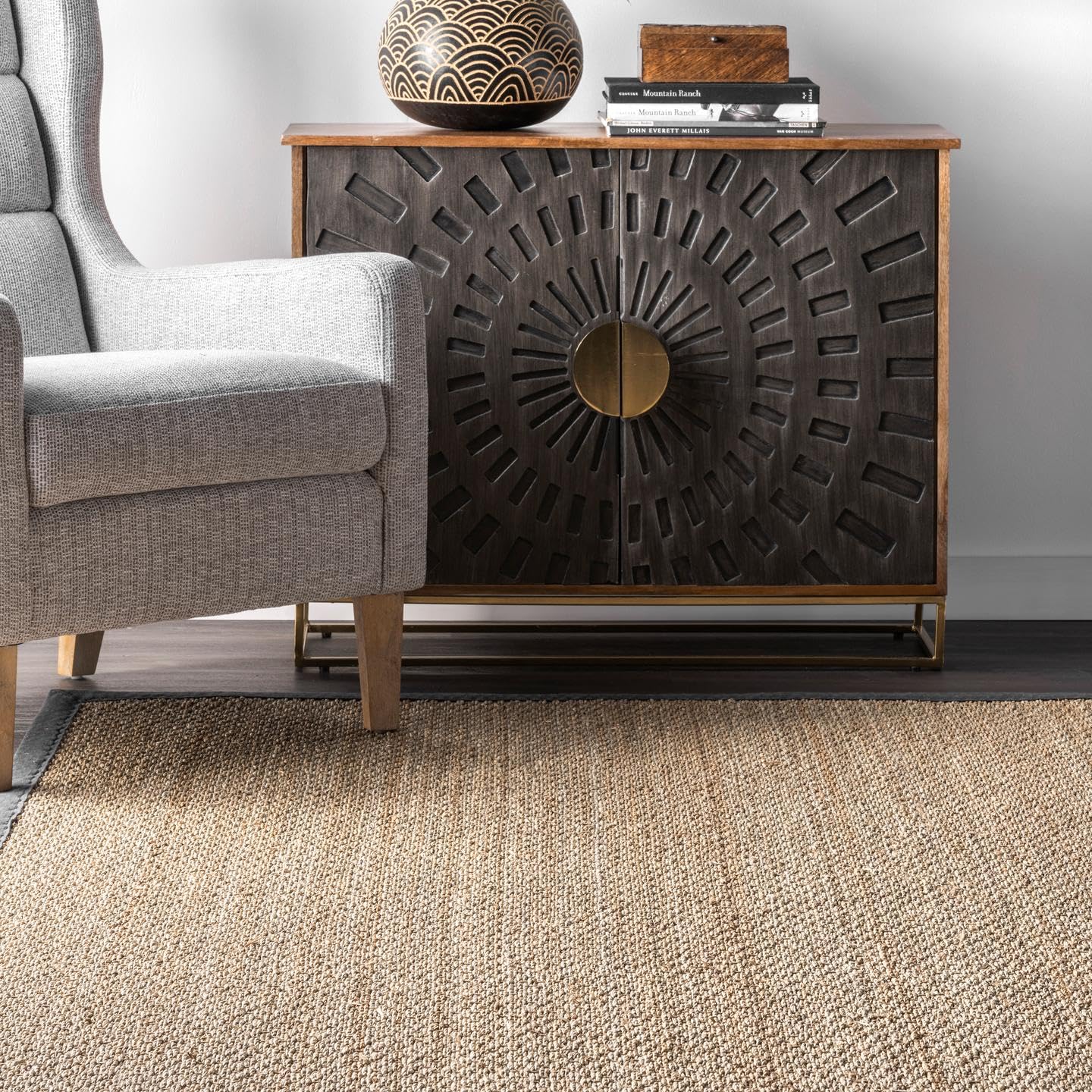 nuLOOM 6x9 Elijah Seagrass Area Rug - Dark Grey Farmhouse Style Cotton Bordered Basketweave Natural Fiber Rug for Bedroom, Living Room, Dining Room | Home Decor, Boho Chic Interior Design, Cozy Floor Covering