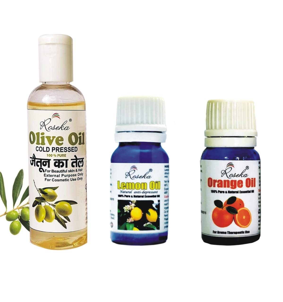 Roseka 100% Pure & Natural Essential Oil Set - Orange, Lemon & Olive Oil Combo (100ml + 10ml + 10ml) | Undiluted Aromatherapy Kit for Diffusers, Massage & Home Relaxation