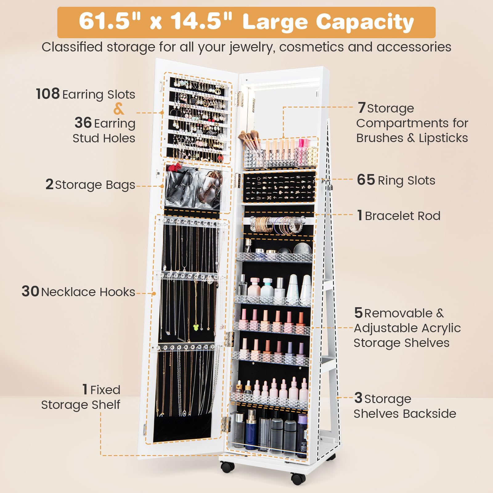 Charmaid Jewelry Cabinet Armoire with Wheels - 64