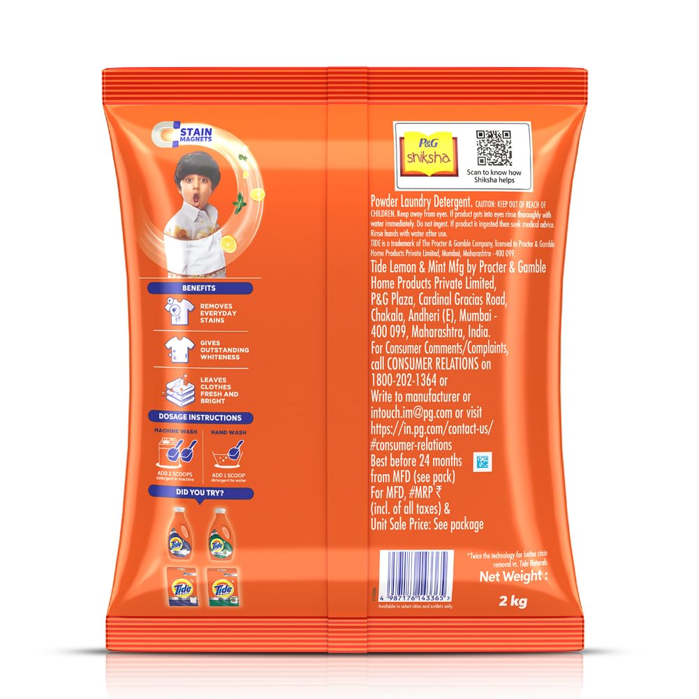 Tide Plus Laundry Detergent Powder - 2kg (4.4 lb) | Lemon & Mint Scent | Deep Stain Remover for Oil, Gravy & Tea | High Efficiency HE Safe | For Washer Machine & Hand Wash | Fresh Scent for Clothes, Towels & Bedding