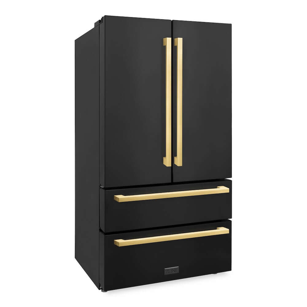ZLINE Autograph Edition 36 Inch Counter Depth French Door Refrigerator - 22.5 cu ft Capacity, Fingerprint Resistant Black Stainless Steel with Polished Gold Handles, Built-in Ice Maker (RFMZ 36 BS FG) - Perfect for Modern Kitchens, Open Concept Homes & Luxury Appliances Collection