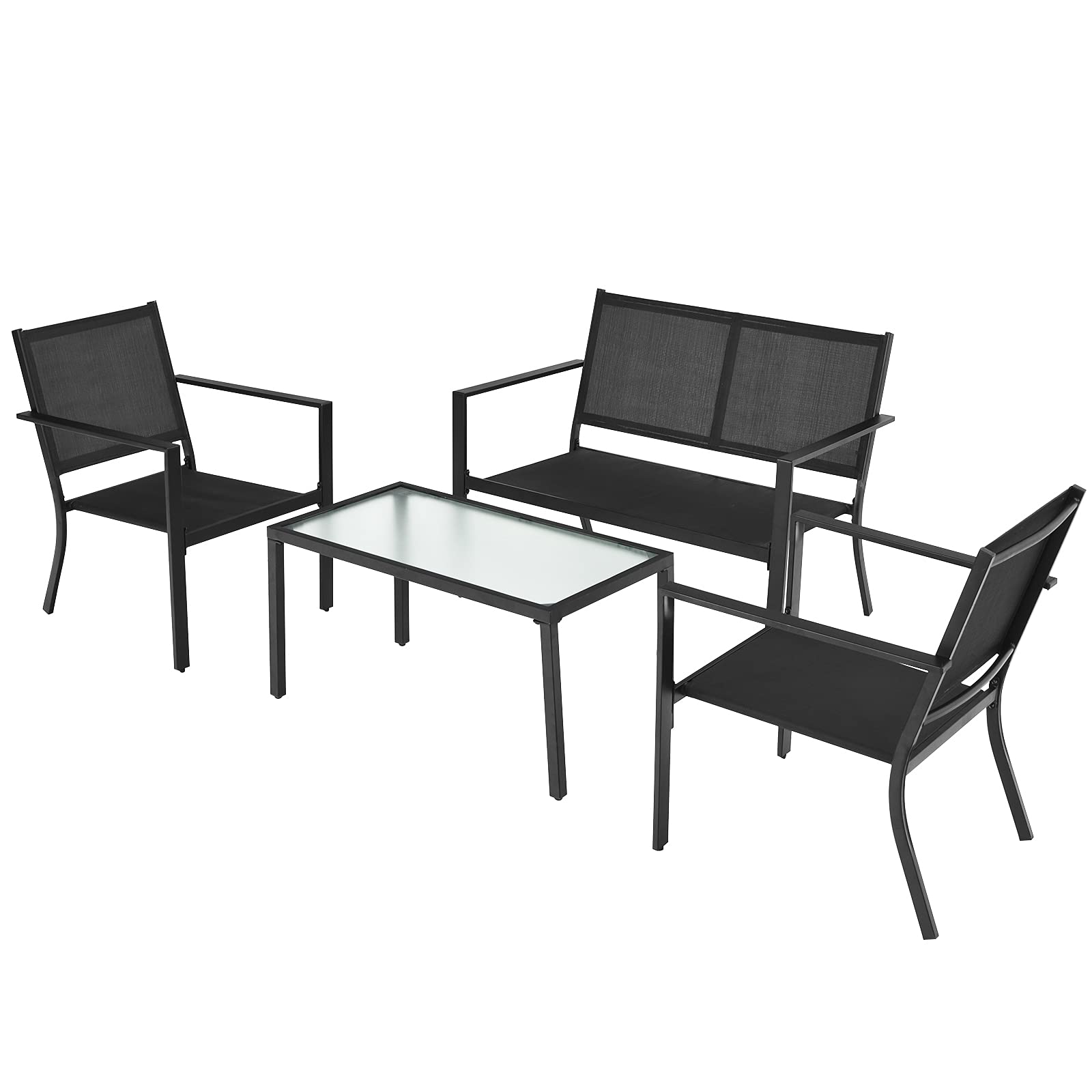 Giantex 4-Piece Patio Furniture Set - Outdoor Conversation Set with Loveseat Bench, 2 Chairs & Tempered Glass Coffee Table - Bistro Dining Set for Porch, Lawn, Garden, Poolside - Perfect for Backyard Relaxation, Outdoor Entertaining & Summer Gatherings