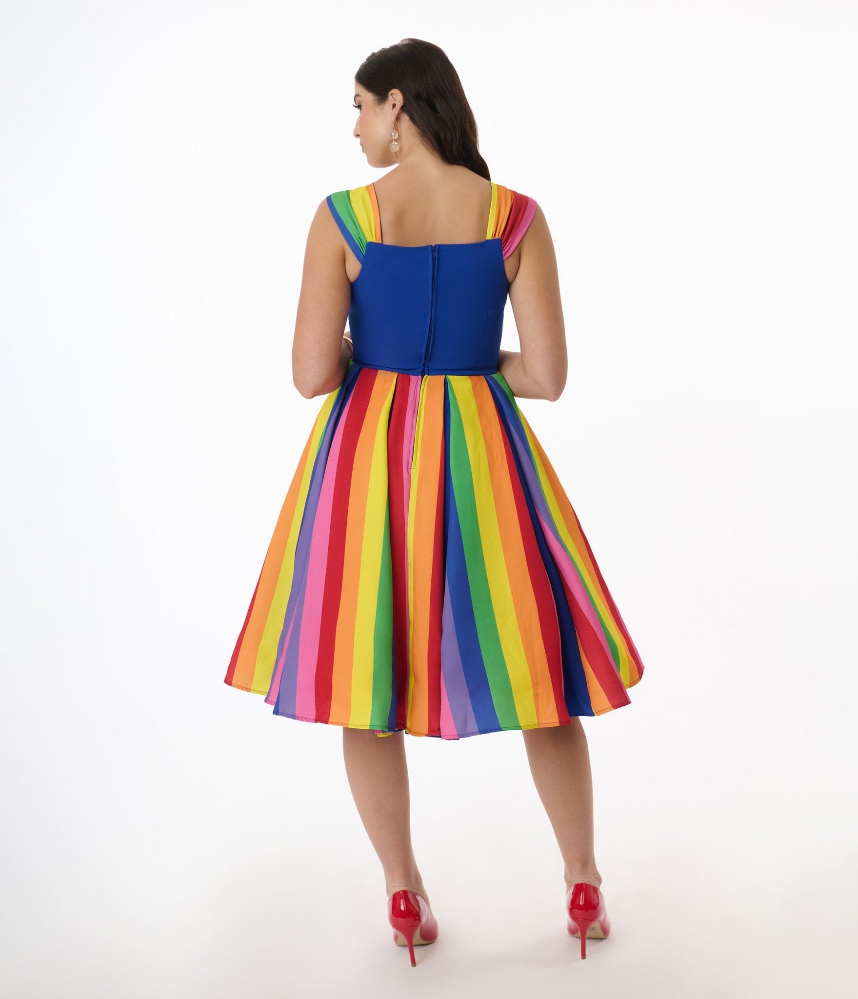 Vintage Blue & Rainbow Striped Swing Dress - Retro 1950s Style Flared Skirt Dress for Women - Perfect for Parties, Dances & Special Occasions