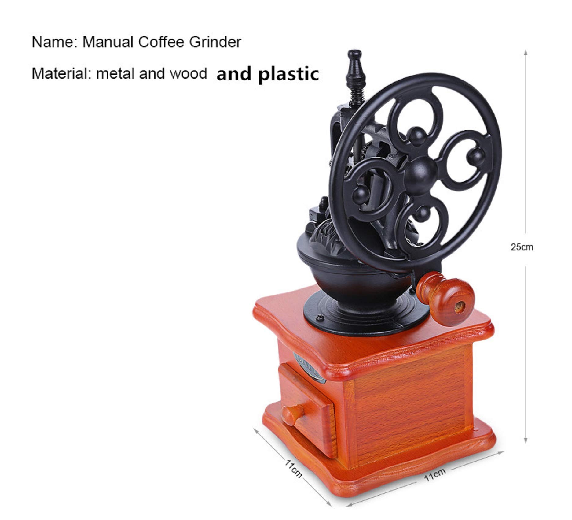 Antique Style Manual Coffee Grinder - Hand Crank Burr Mill for Espresso, French Press & Pour Over - Vintage Wooden Coffee Bean Grinder for Home & Camping Use