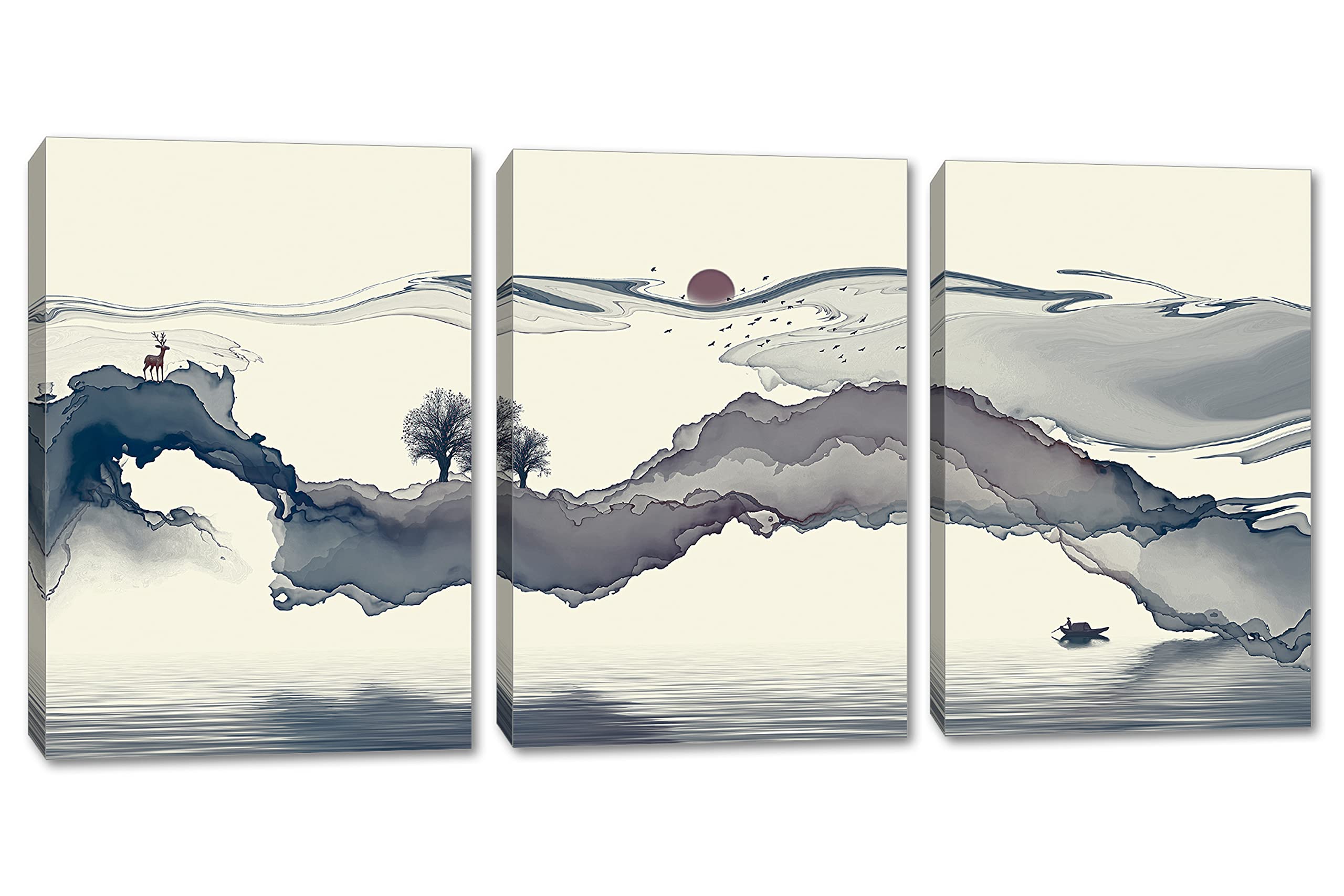 48x24 Abstract Landscape Wall Art Canvas Print - 3 Panel Split Watercolor Gray Painting for Modern Home & Office Decor | Dramatic Tone Living Room Bedroom Wall Decor