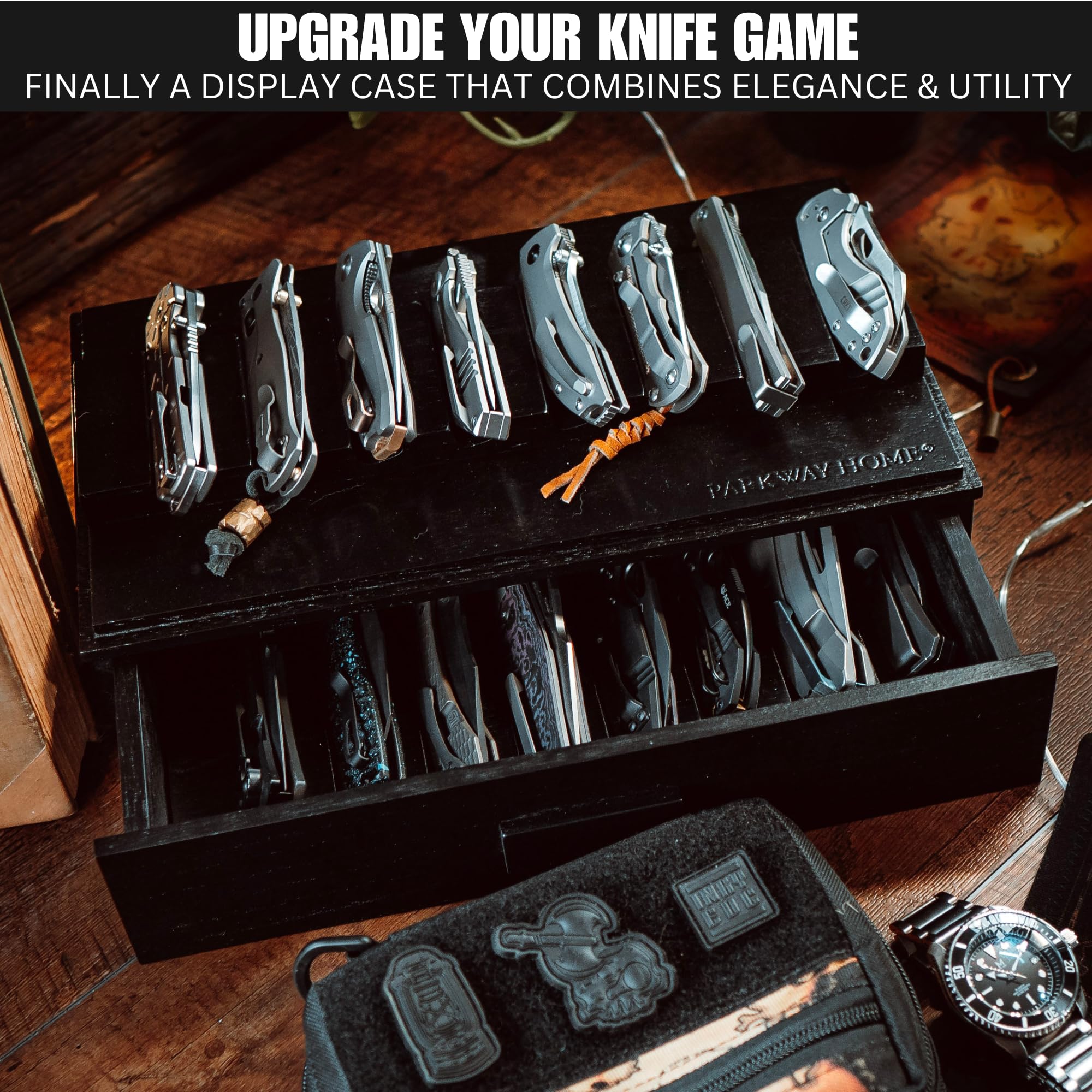 Premium Black Wooden Pocket Knife Display Case - Clear Sturdy Cover Holds 16 Knives - 2-Tier Collector's Case with Removable Drawer for EDC Gear - Perfect for Home Display, Gift Giving & Knife Enthusiast Collections